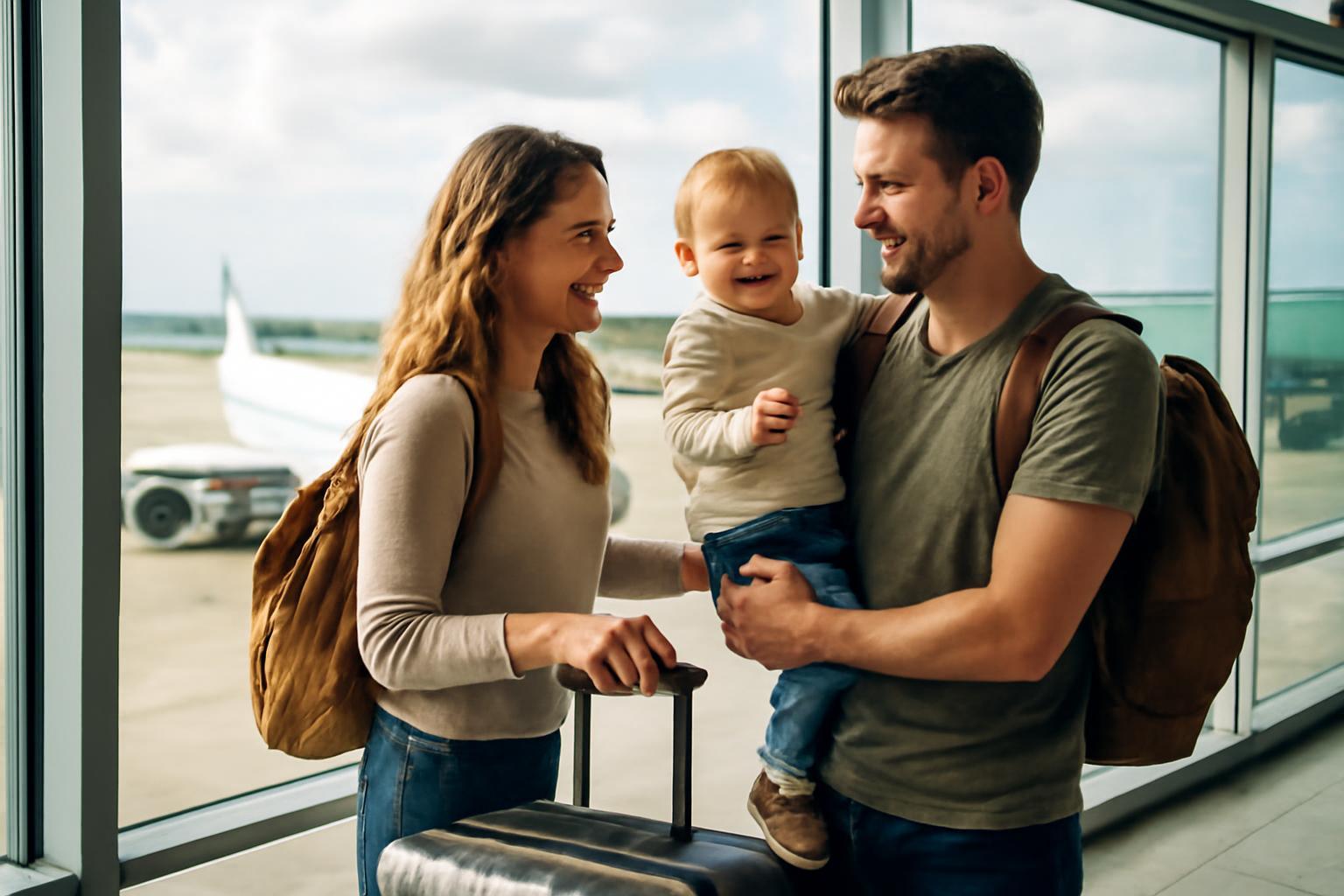 Egy boldog család kisgyerekkel az airport terminálban, indulásra várva.