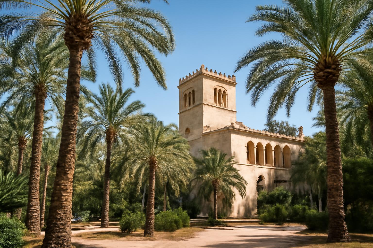 Elche pálmaligete, háttérben egy történelmi épület és zöld növényzet.