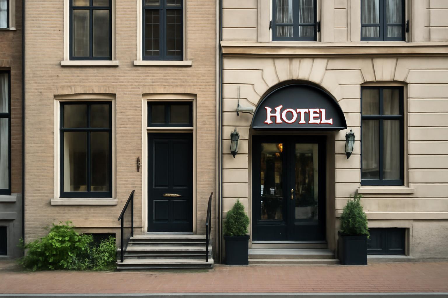 Egy elegáns hotel bejárata, amely a város szívében található.