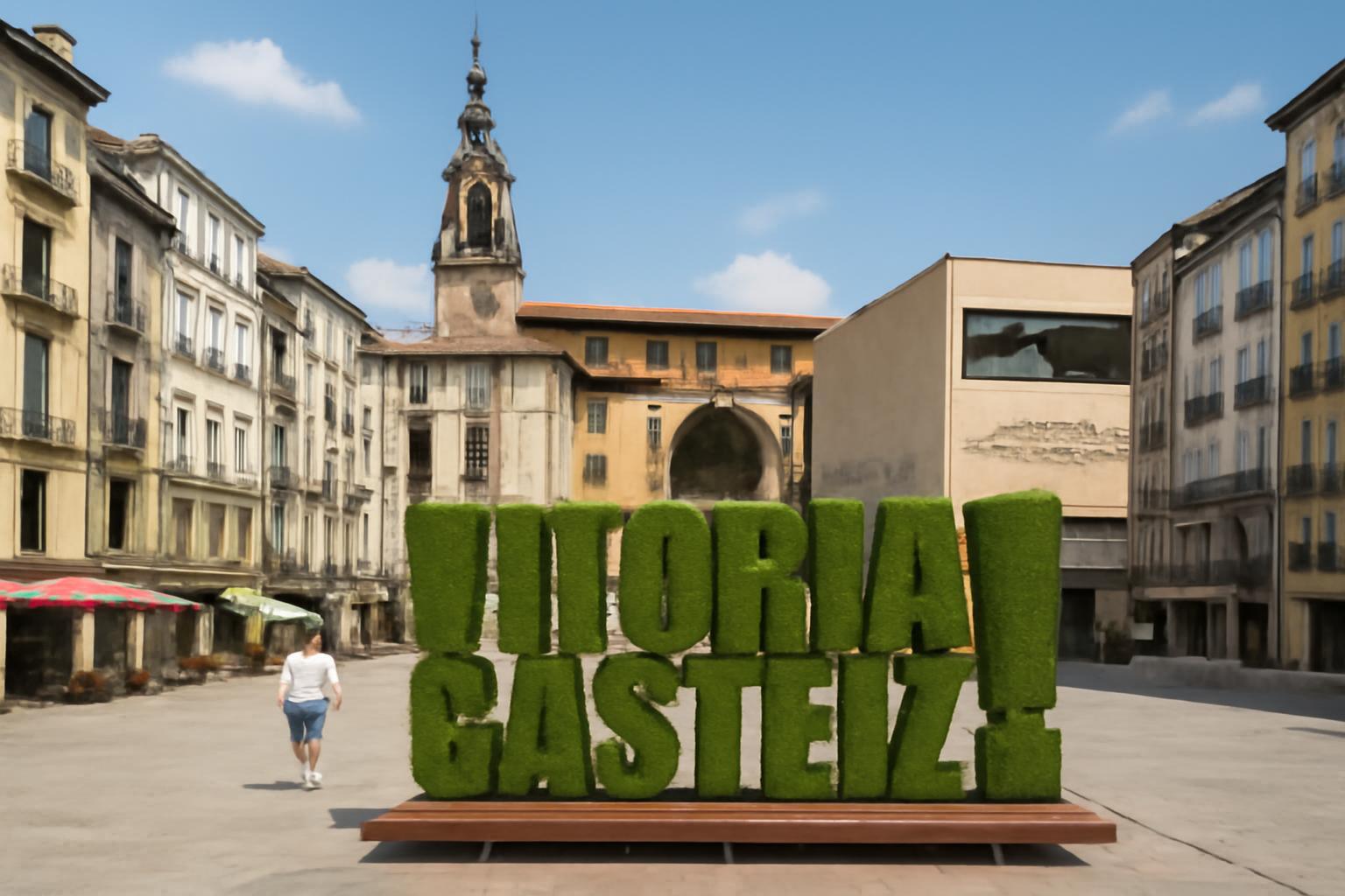 Vitoria-Gasteiz városnéző tábla a város főterén, háttérben régi épületek.