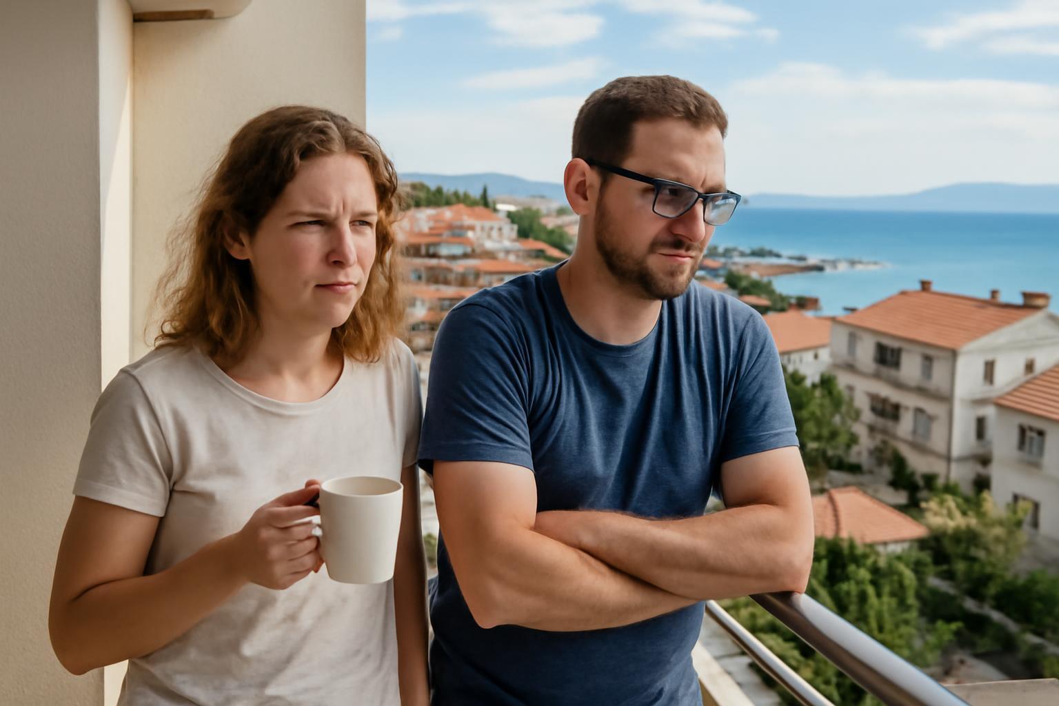 Egy pár áll a teraszon, kávéval a kezükben, a horvát tengerpart látványával.
