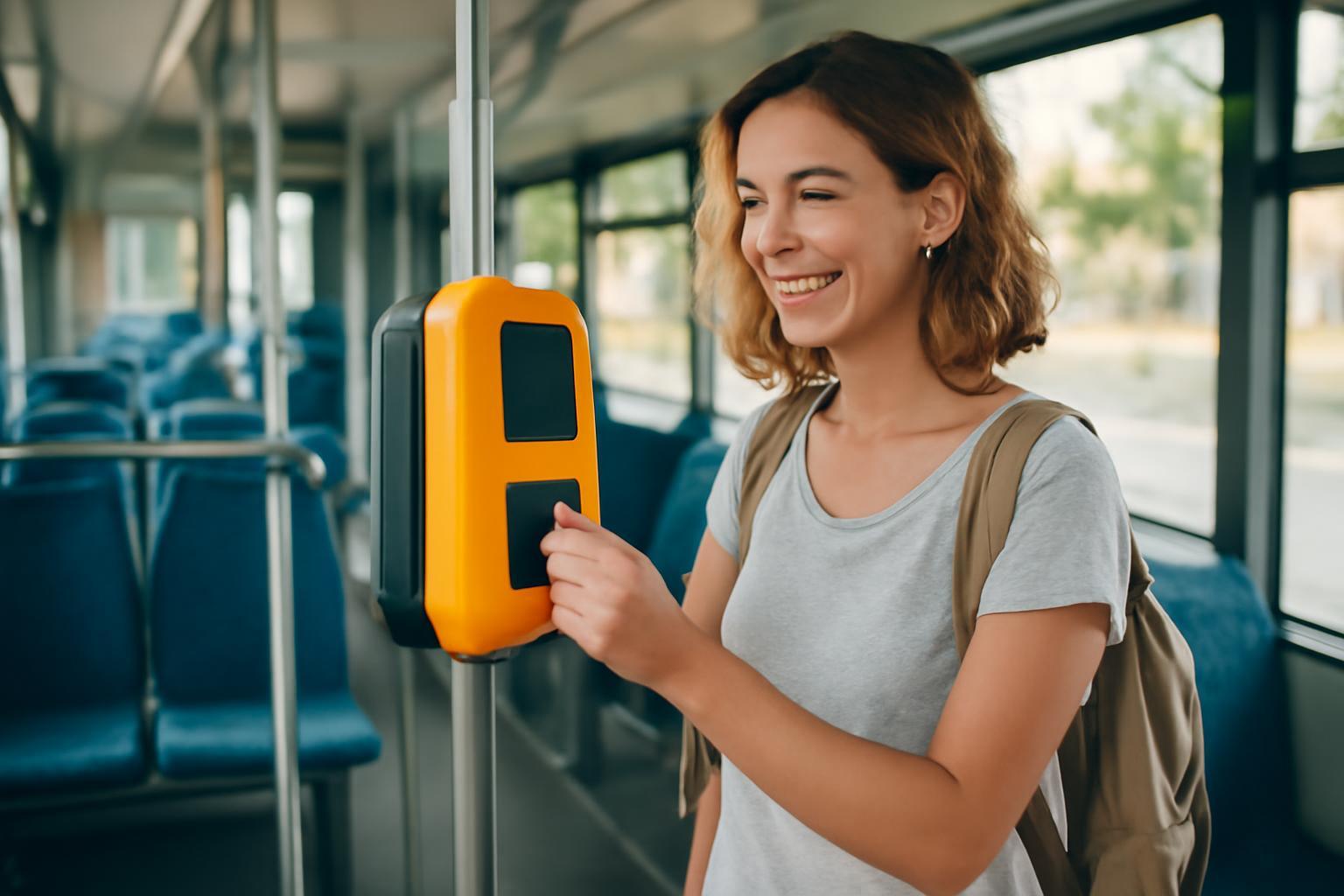 Egy fiatal nő mosolyogva éppen érvényesíti a jegyét a buszon.