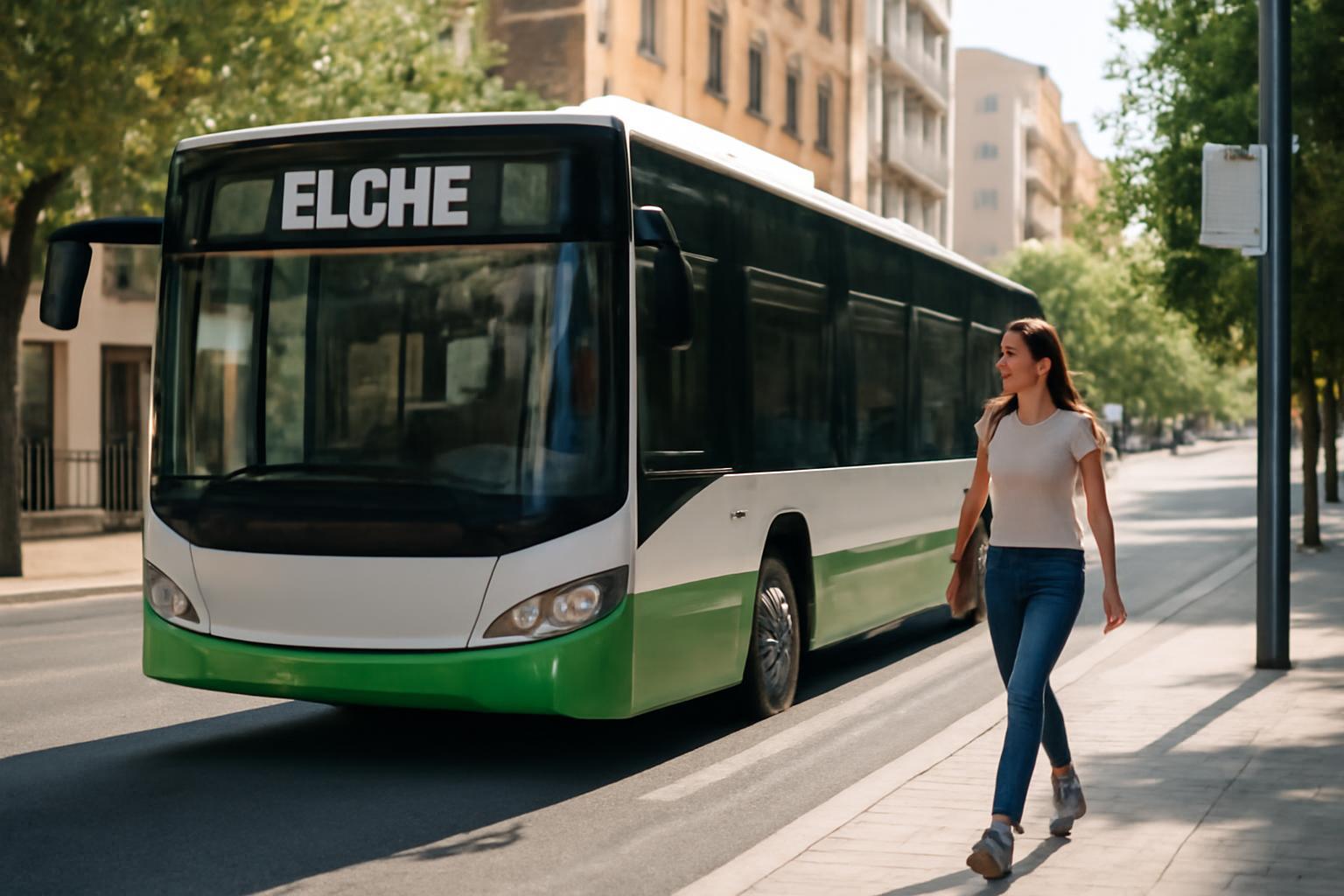Egy nő sétál az Elche városában közlekedő busz mellett, gyalogosbarát utcán.