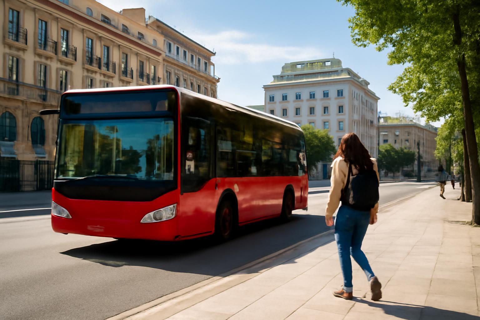 Egy nő gyalogosan közelít egy piros városi buszhoz Santanderben.
