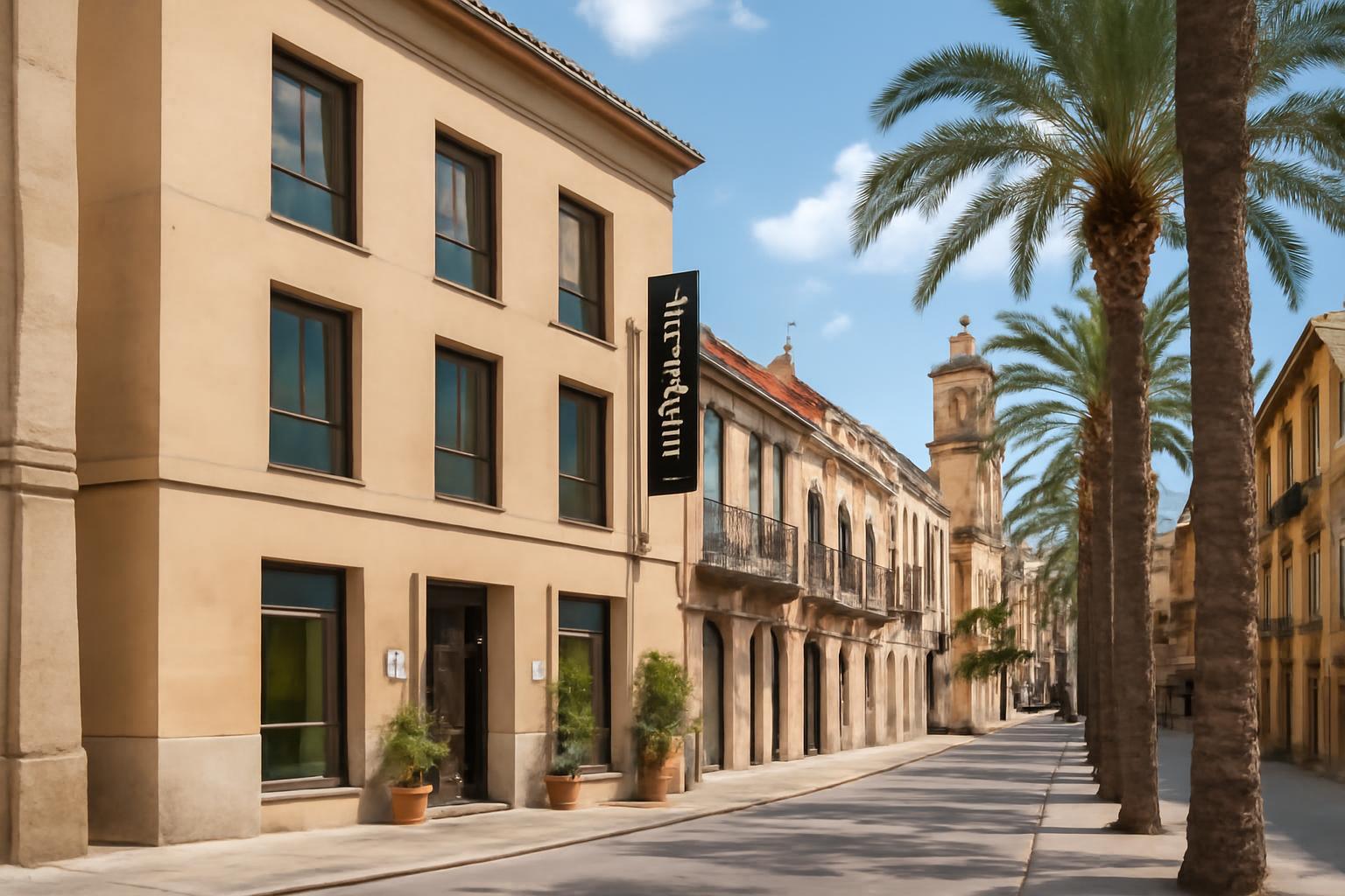 Elche városában egy modern szálloda látható, pálmafák között.