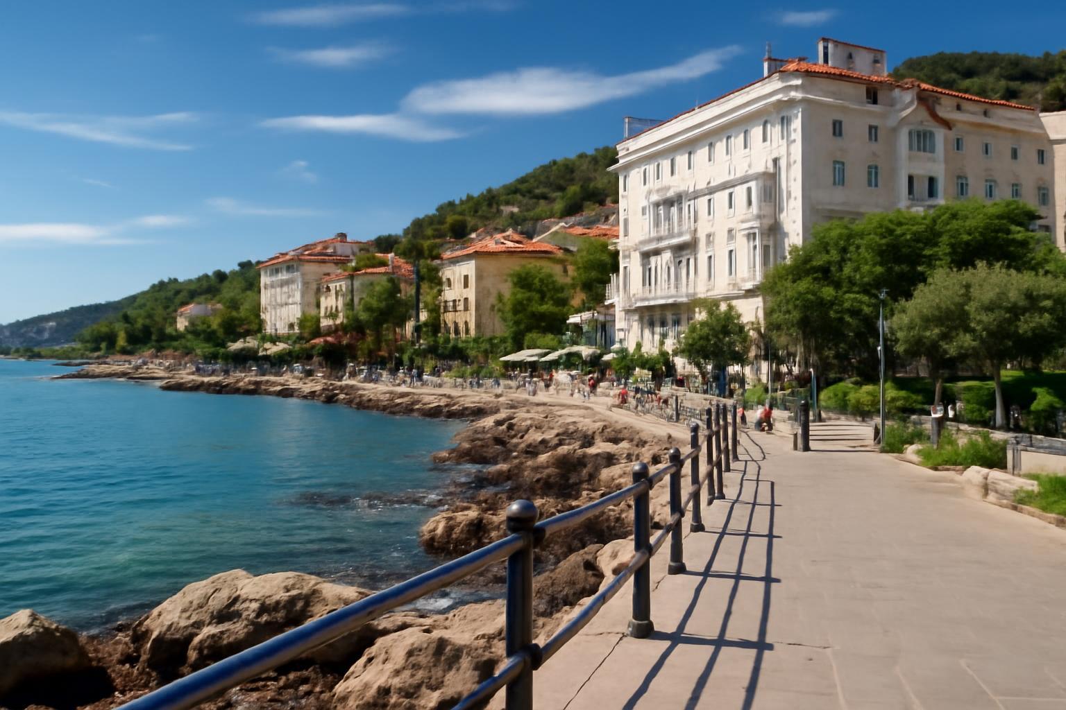 Opatija tengerpartja, gyönyörű kilátással a vízre és a sétányra.