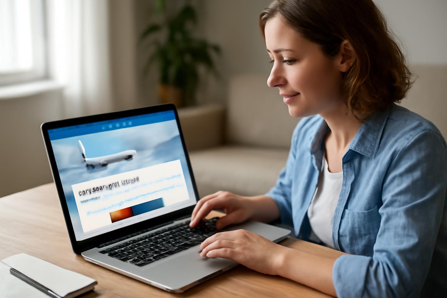 Egy nő laptopon repülőjegyeket keres, izgatottan tervez utazást.