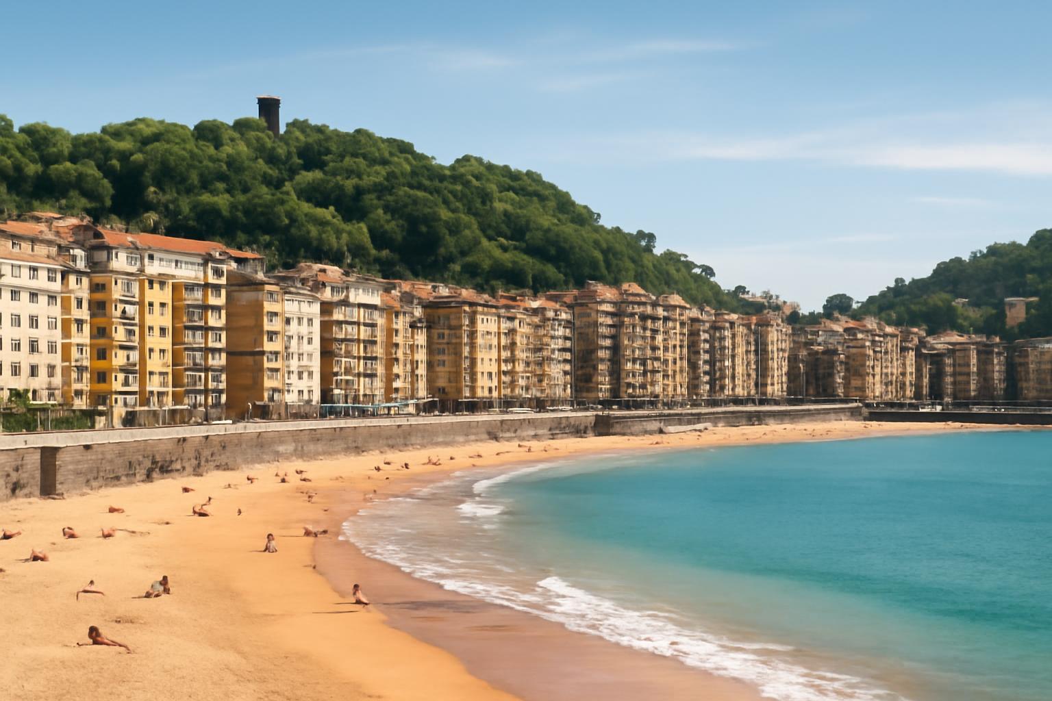 San Sebastián tengerparti sétányán álló színes épületek és a homokos strand.