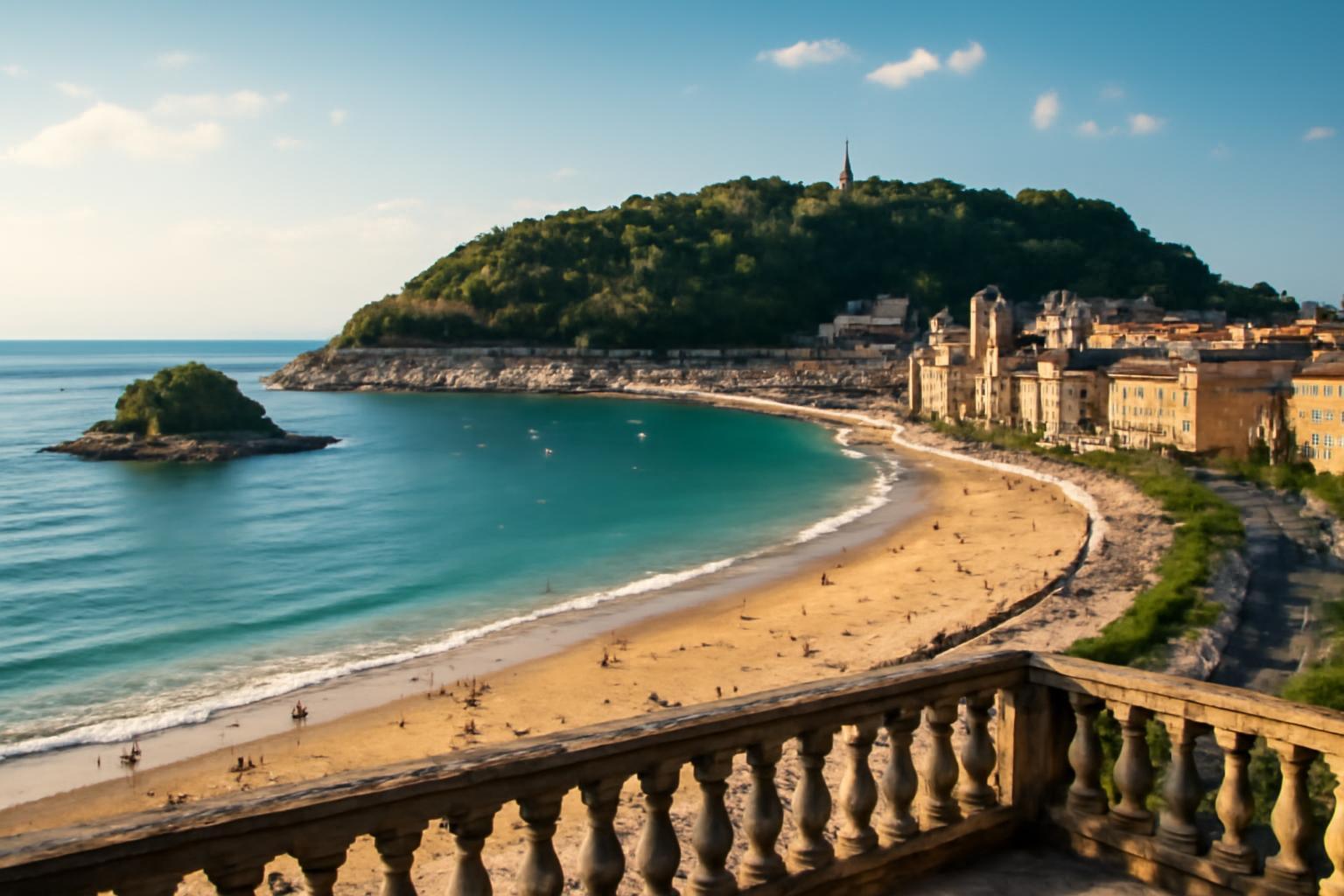 San Sebastián tengerparti látképe, a város óvárosával és dombos háttérrel.