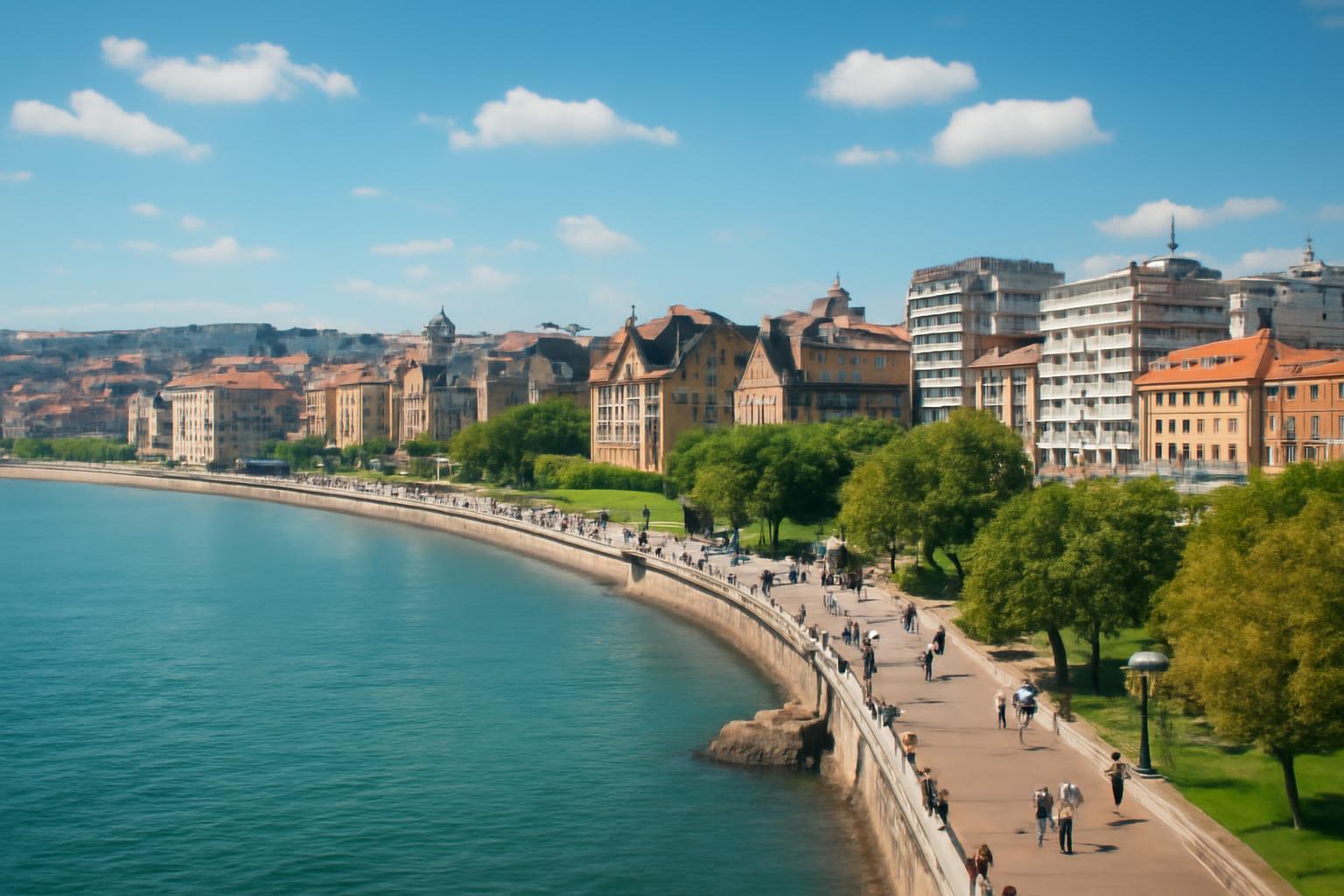Santander tengerparti sétány, gyönyörű épületekkel és zöld fákkal.