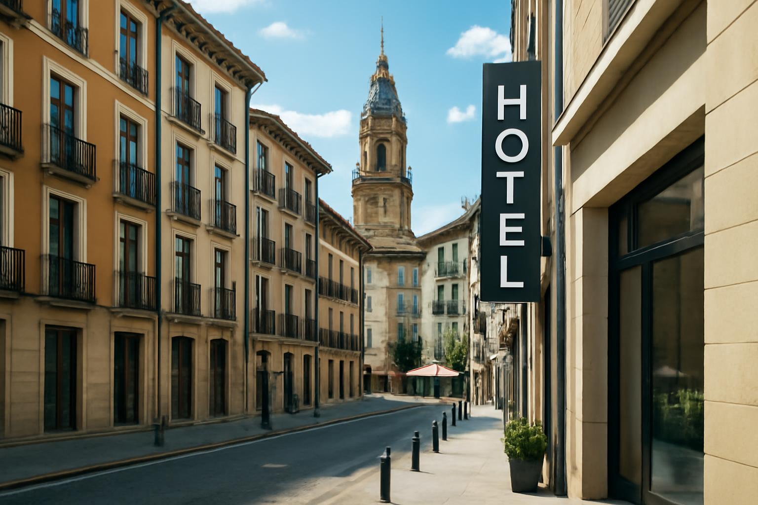Vitoria-Gasteiz egyik szállodájának bejárata, körülötte hangulatos utcák.