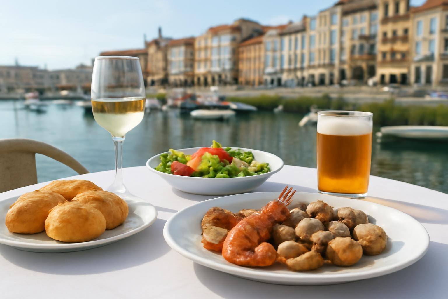 Friss tengeri ételek, saláta és italok egy tengerparti étteremben Santanderben.