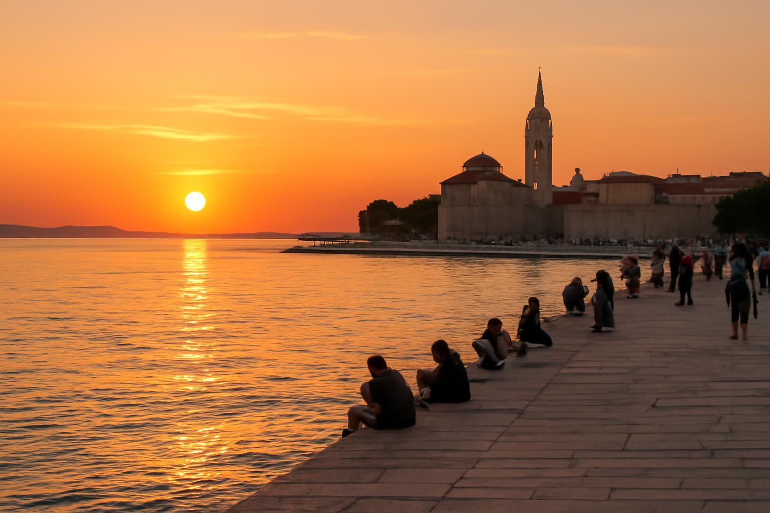 Zadar tengerpartján ülő emberek nézik a naplementét a víz felett.