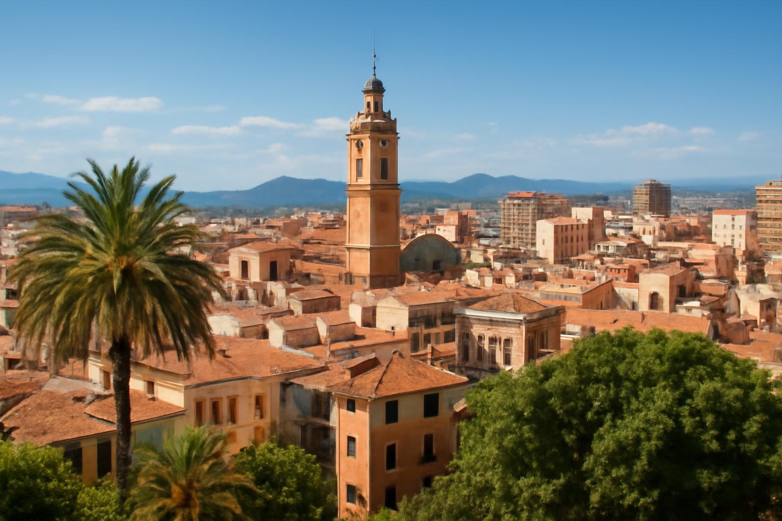 Castellón de la Plana városának panorámája, a harangtoronnyal és pálmafákkal.