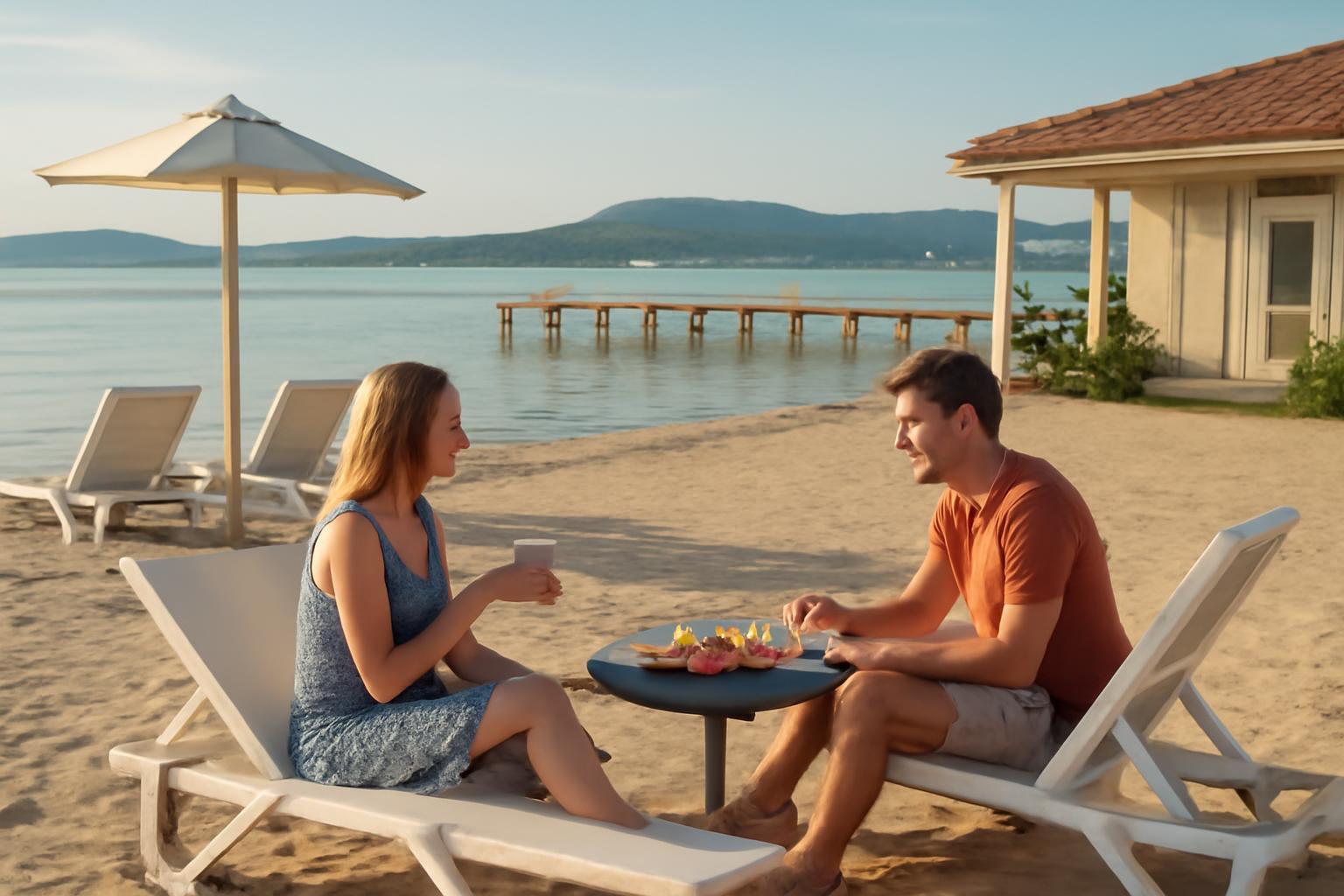 Két fiatal a Balaton partján, italokat fogyasztva, napernyő alatt ülve.