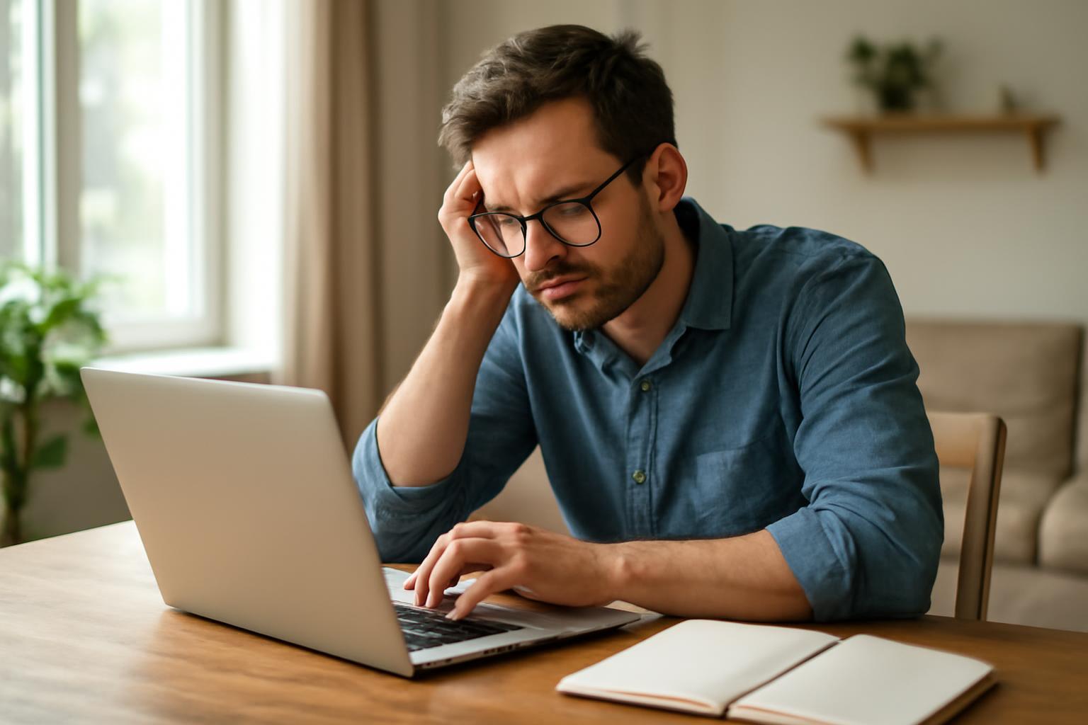 Egy fiatal férfi, aki laptop előtt ül, fáradtan néz a képernyőre, miközben az internetkapcsolat problémáival küzd.