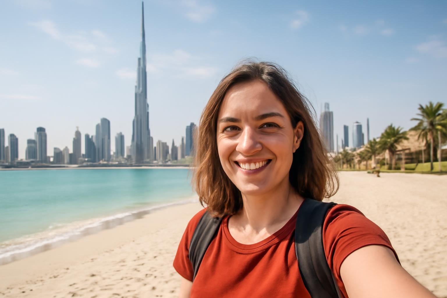 Egy fiatal nő mosolyog a dubaji tengerparton, háttérben a Burj Khalifa.