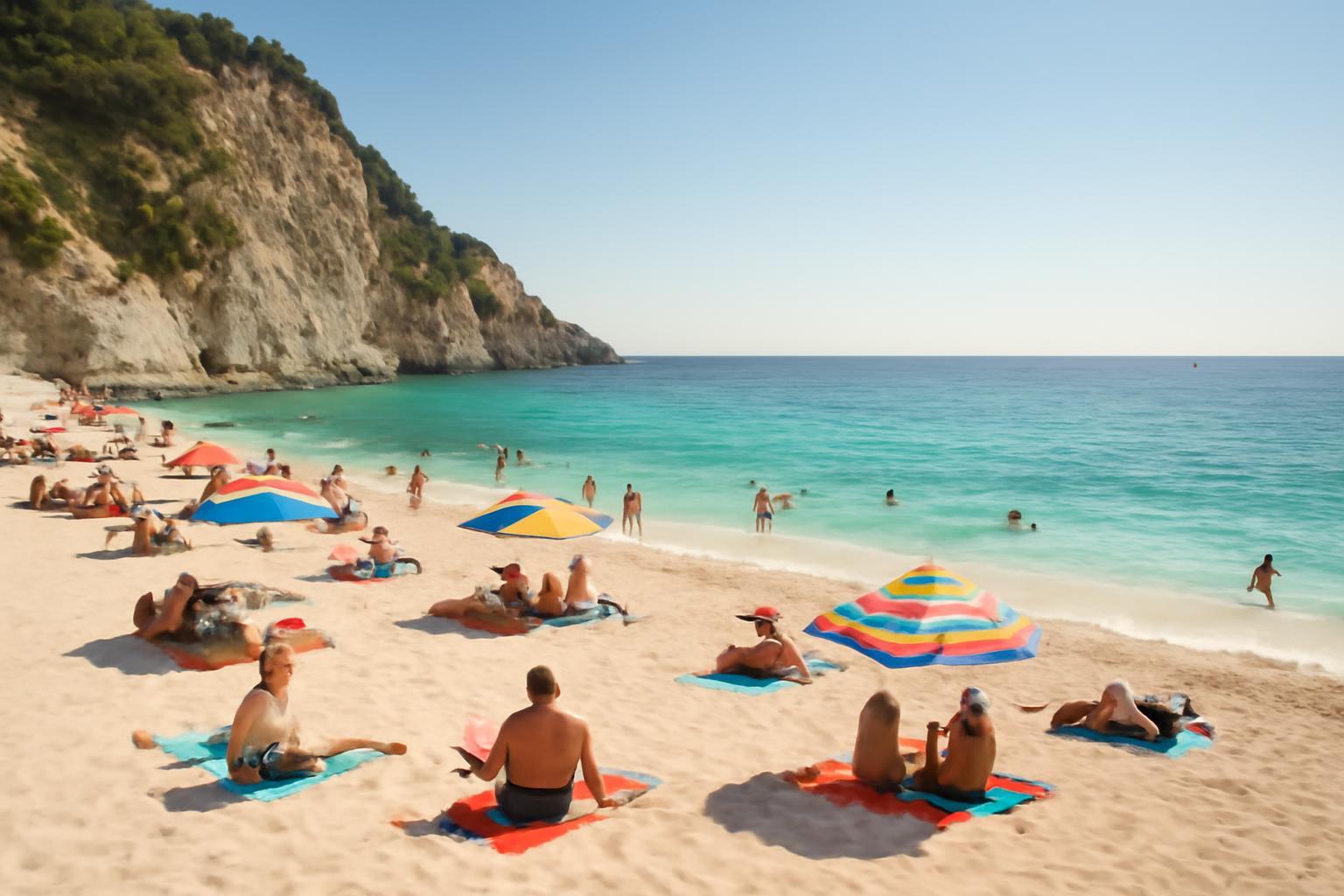 Napernyők alatt pihenő emberek egy gyönyörű európai strandon.