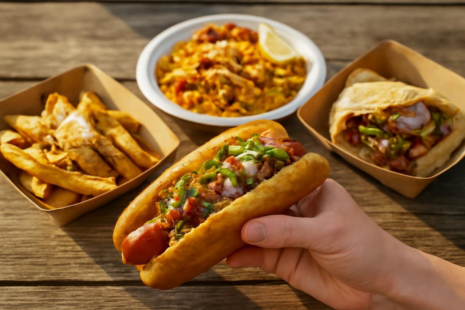 Egy kézben tartott ízletes street food hot dog, mellette sült krumpli és egy tál fűszeres étel.