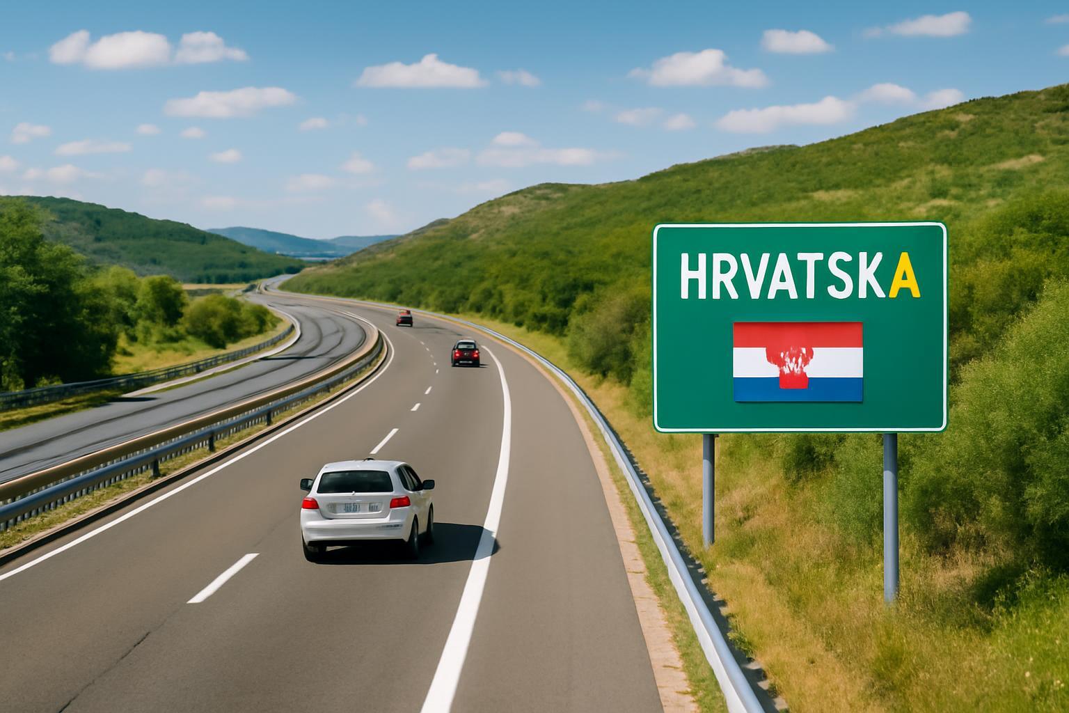 Autópálya Horvátország határán, zöld táblával és autókkal.