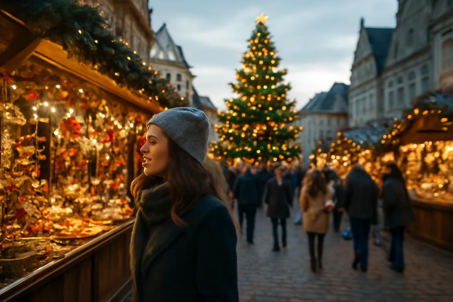 Egy fiatal nő néz a karácsonyi vásár kézműves portékáira, háttérben karácsonyfa.