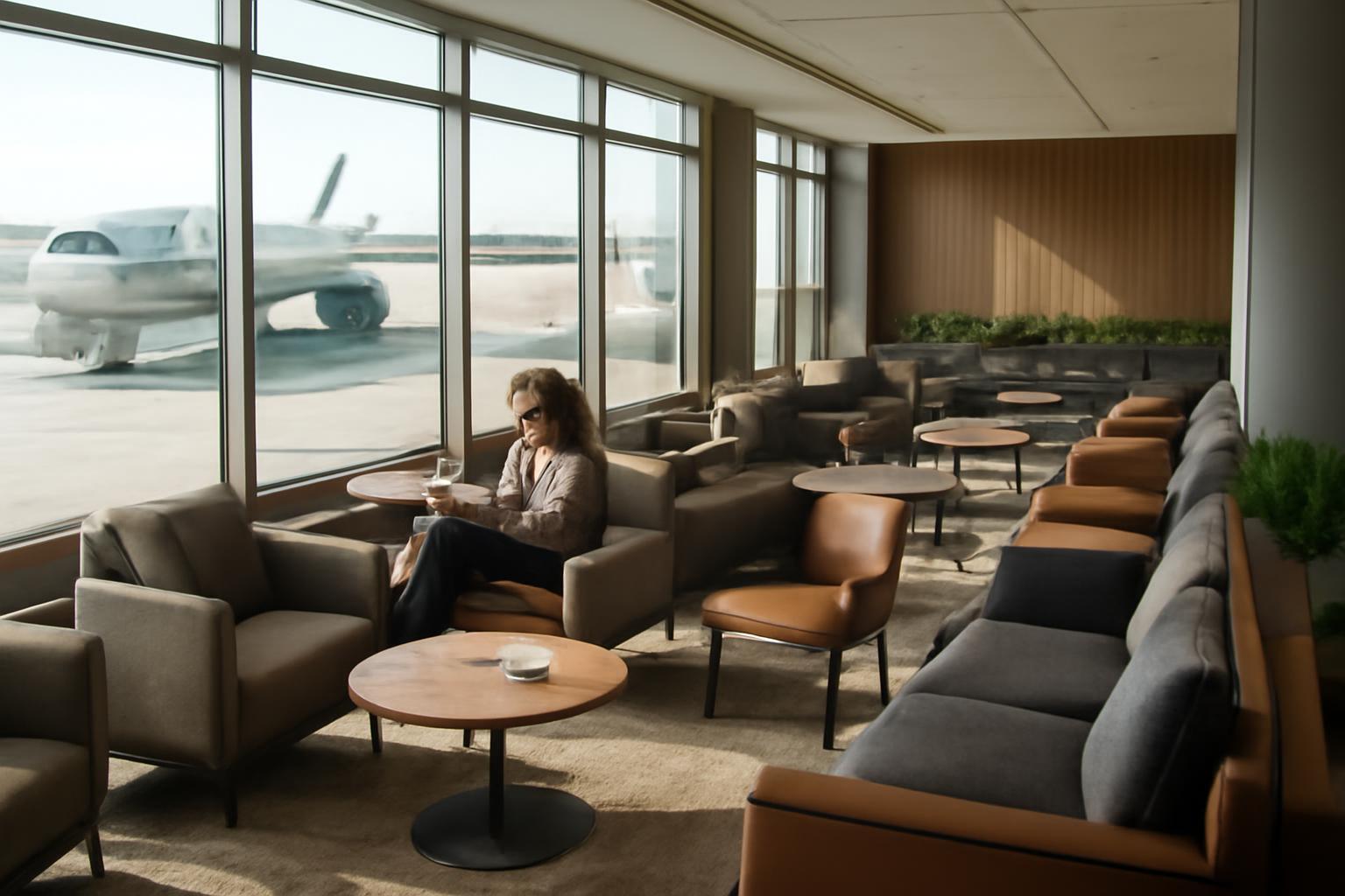 Egy nő relaxál a repülőtéri lounge-ban, italával a kezében, kényelmes kanapék között.