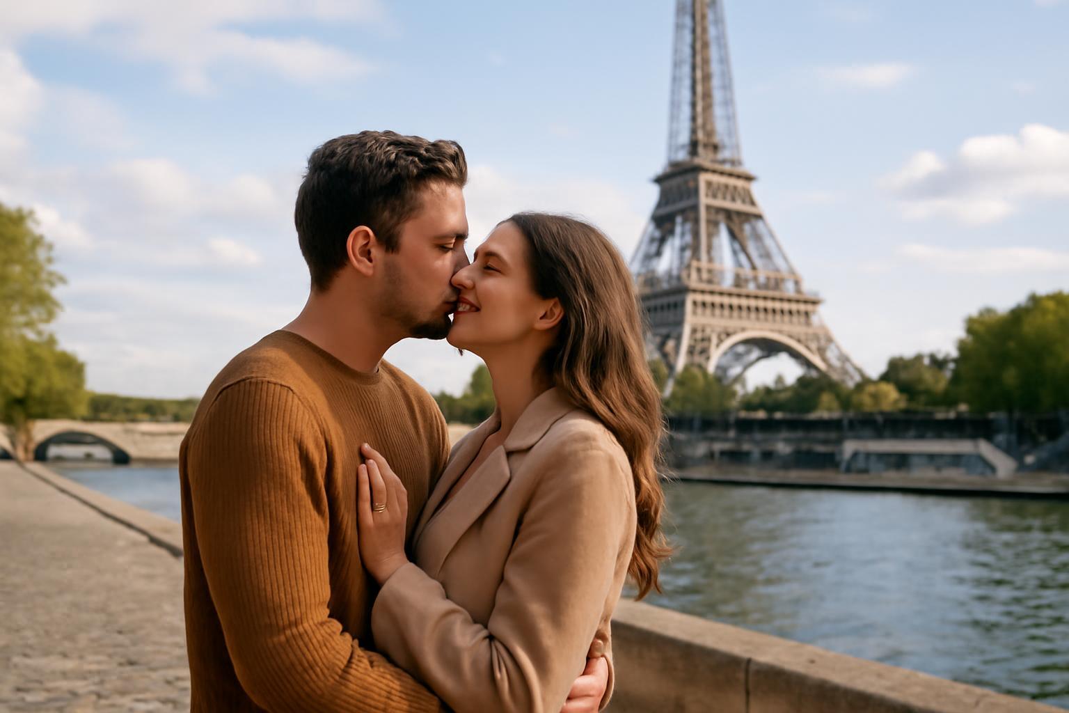 Egy pár romantikázik a Szajna partján, háttérben az Eiffel-torony.