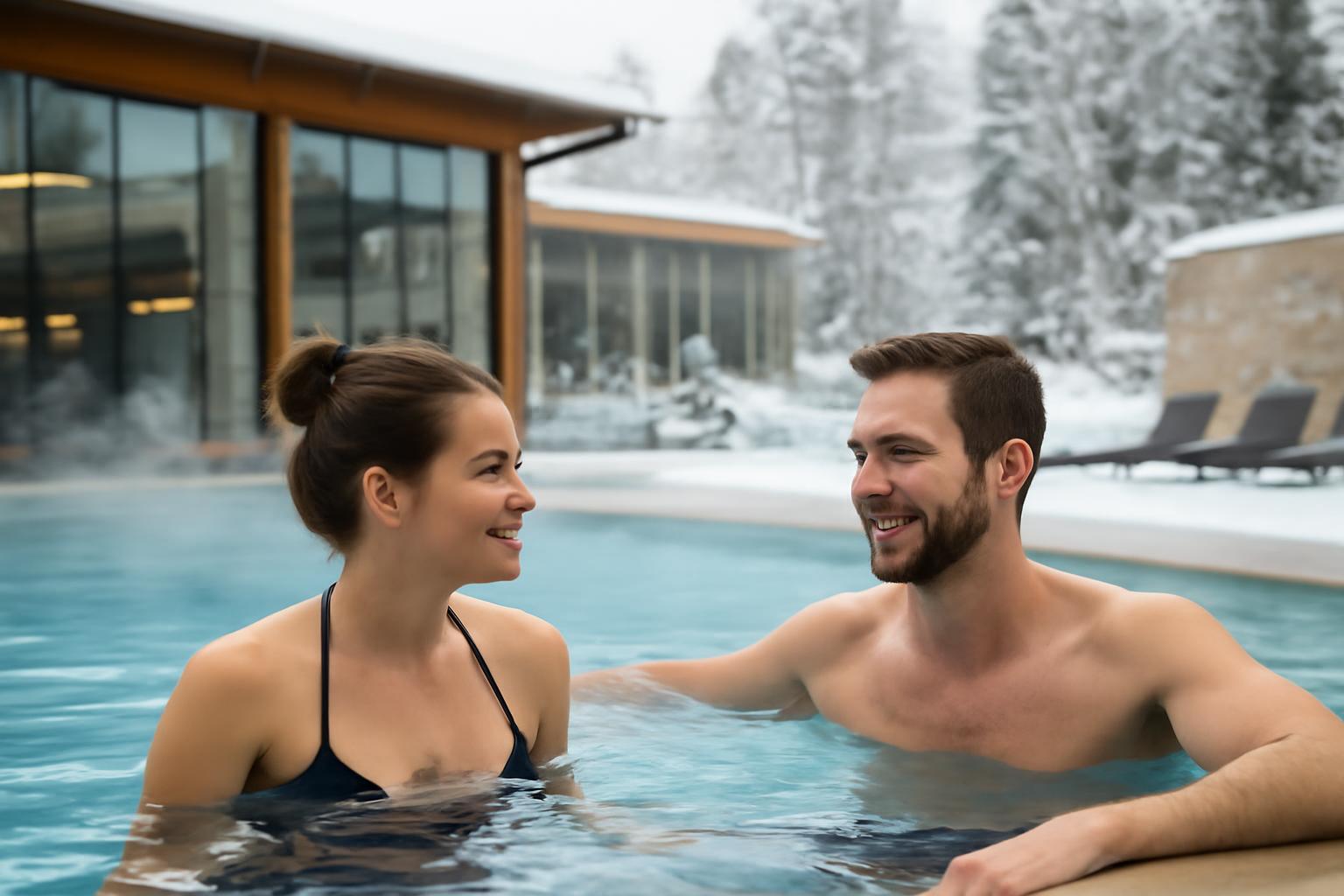 Két fiatal felnőtt élvezi a wellness medencét havas tájban.