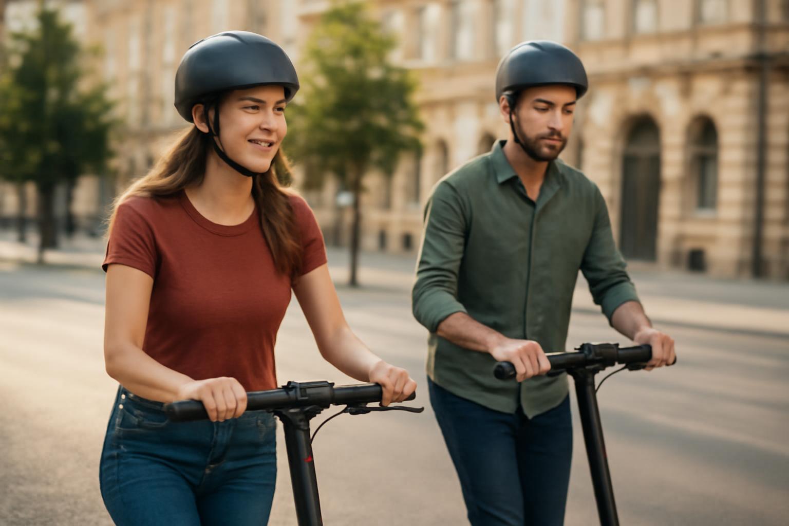 Két fiatal felnőtt elektromos rollerrel városnézés közben, Budapest utcáján.