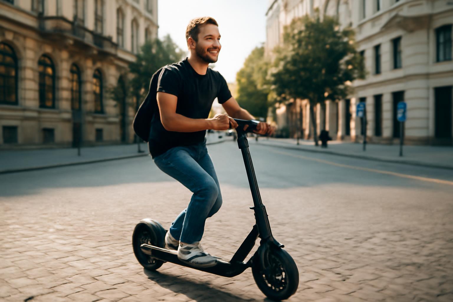 Egy fiatal férfi elektromos rollerrel városnézés közben mosolyogva halad.
