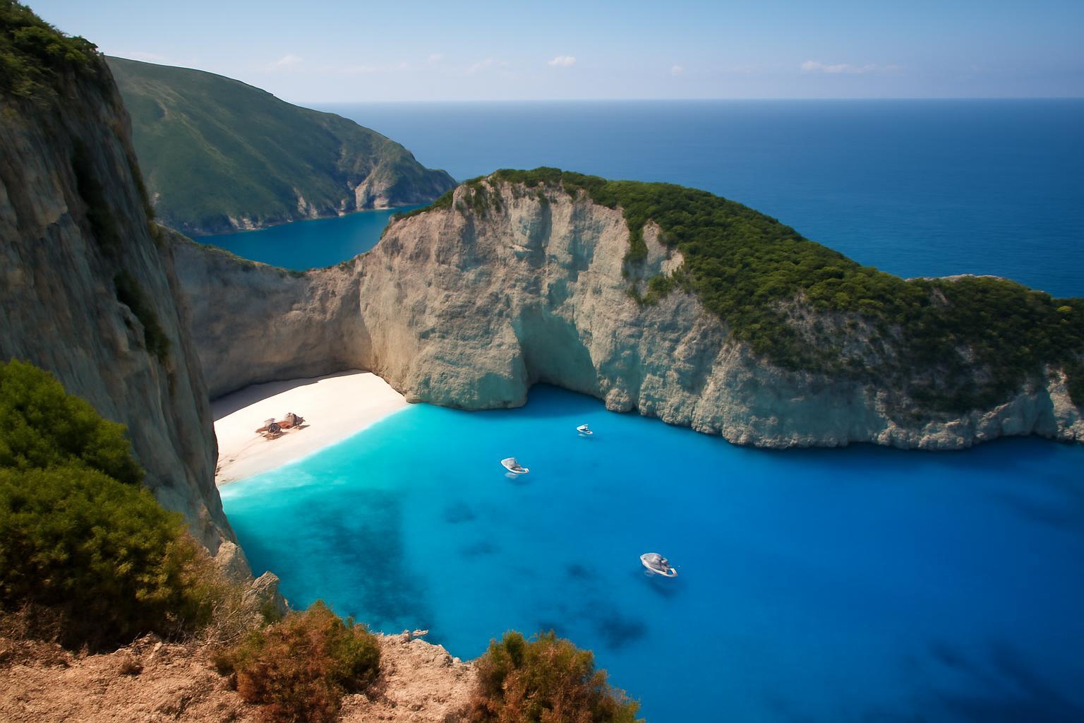 A Navagio-part lenyűgöző látképe Zakynthos szigetén, kristálytiszta vízzel és fehér homokkal.