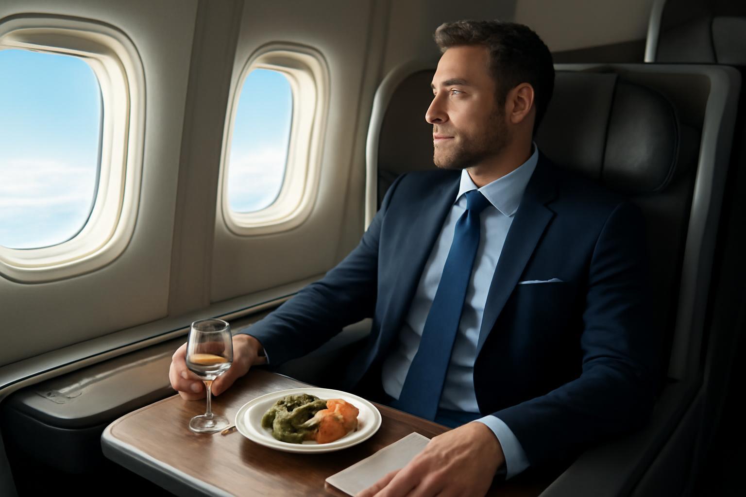 Egy férfi business class ülésen étkezik, az ablak mellett ülve, élvezi a prémium szolgáltatást.