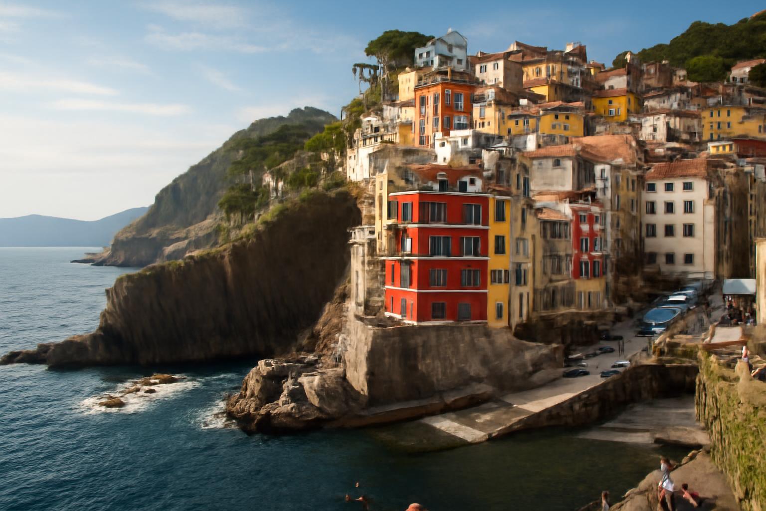 Cinque Terre színes házai a tengerparton, meredek sziklákkal körülvéve.