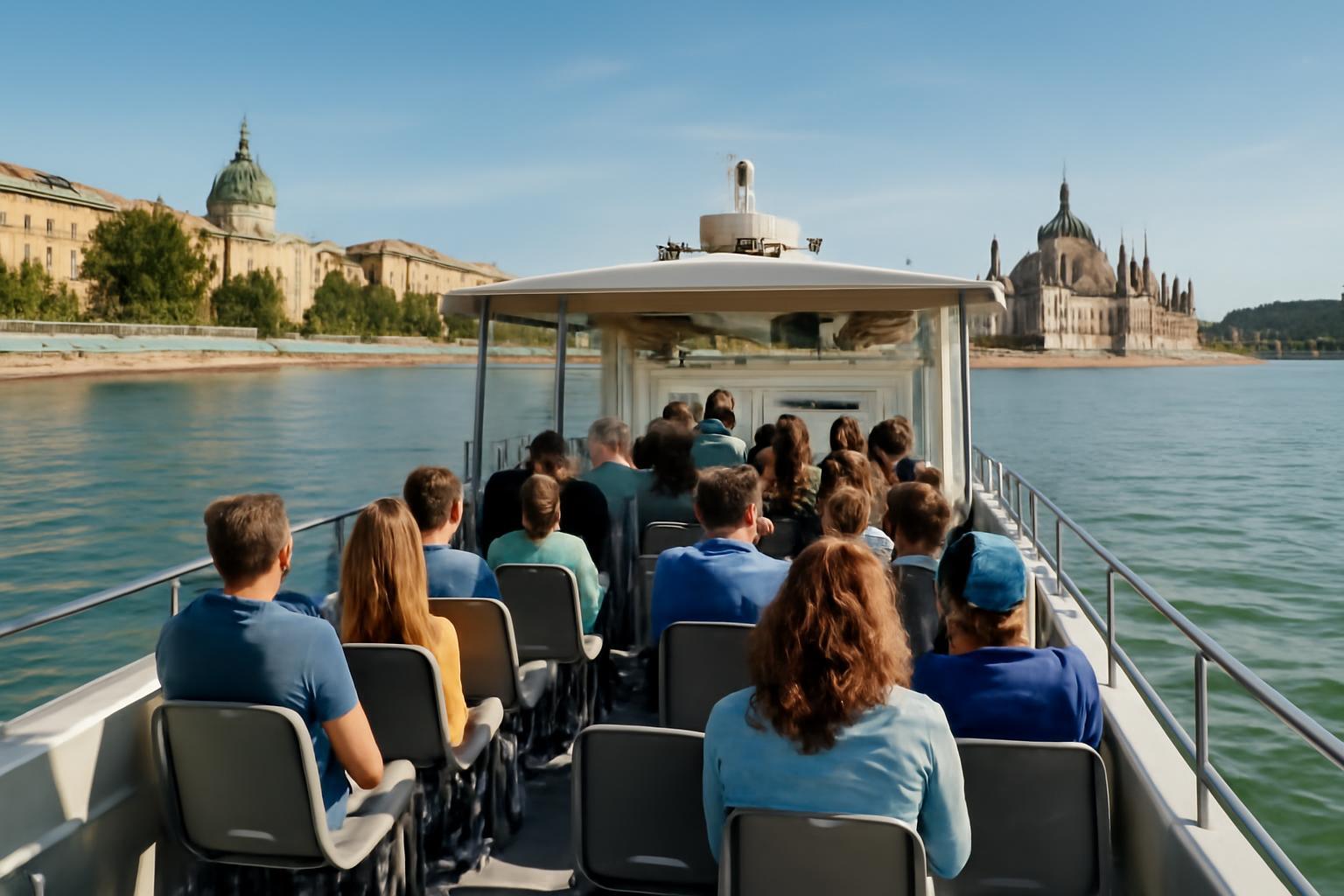 Hajóval városnéző utasok ülnek, mögöttük Budapest ikonikus épületei láthatók.