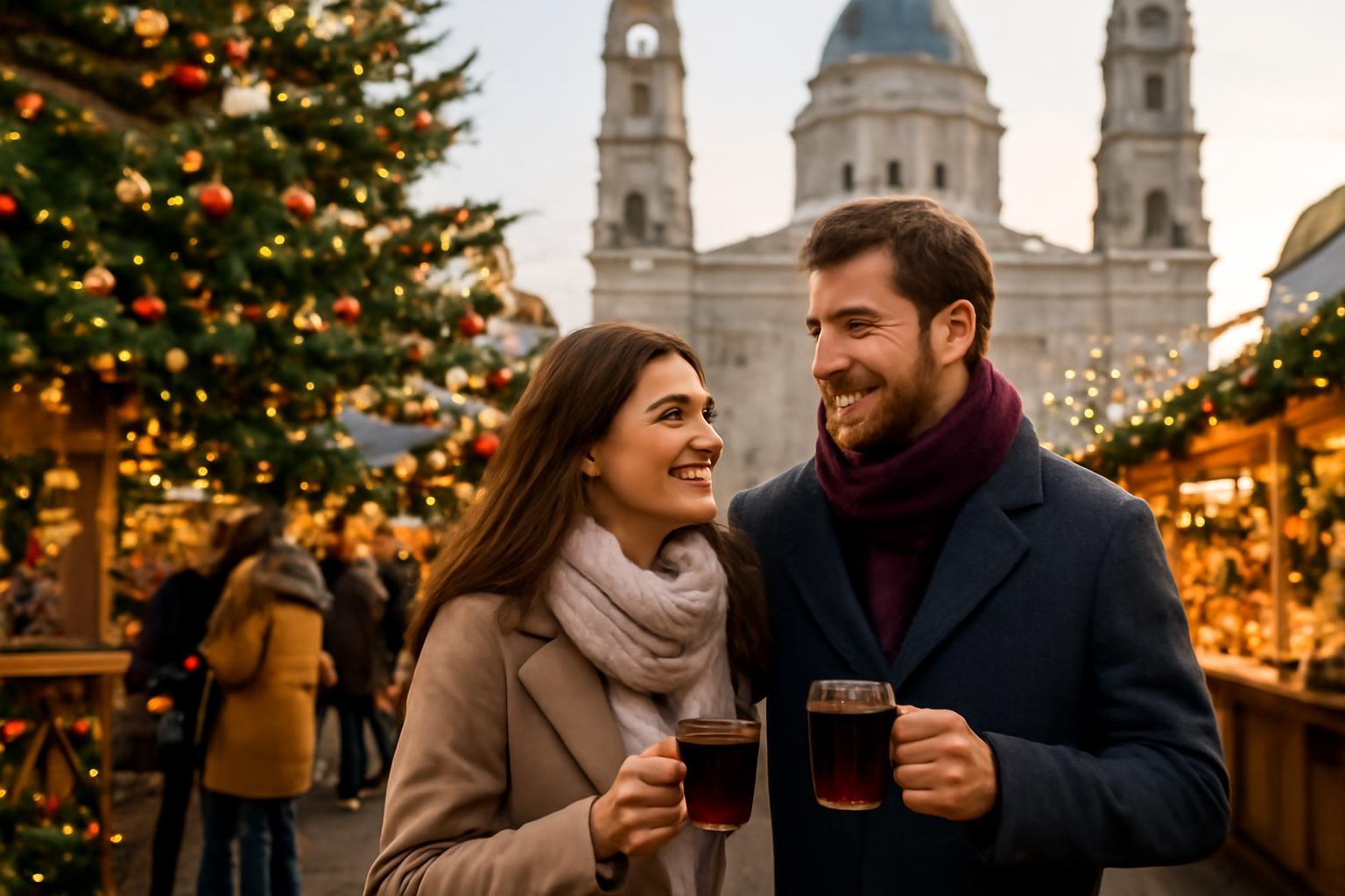 Egy pár forralt borral a karácsonyi vásárban, háttérben díszített fenyőfa és épület.