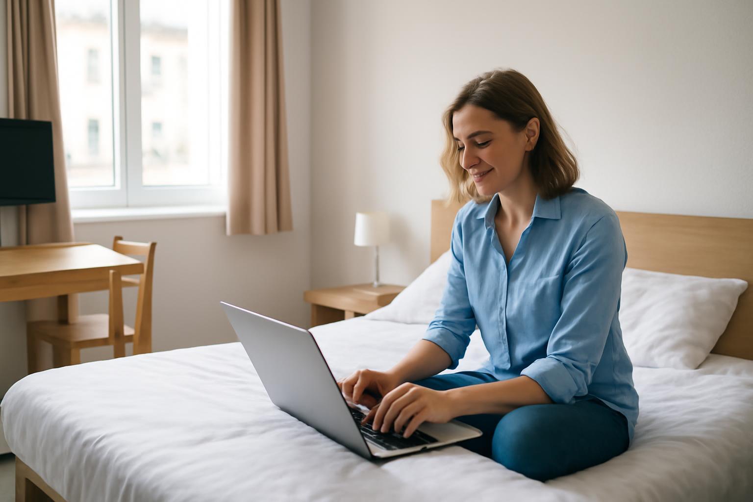 Egy fiatal nő ül egy ágyon, laptopot használva egy apartmanban Splitben.