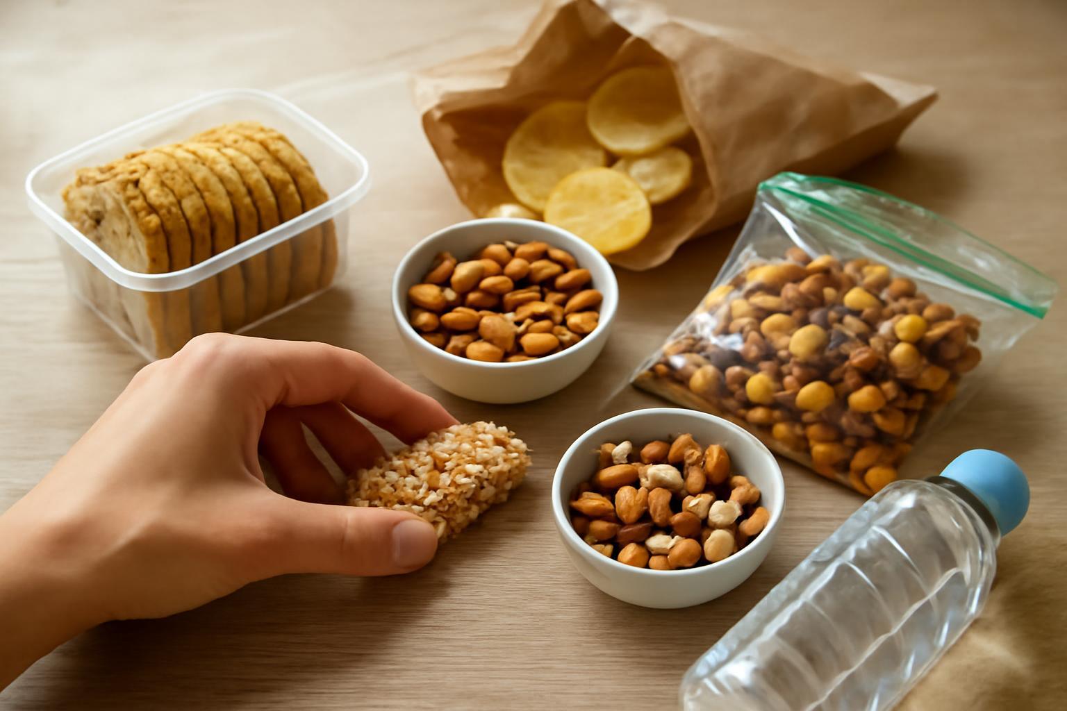 Különböző utazós snackek, mint például magvak, kekszek és víz, egy asztalon.