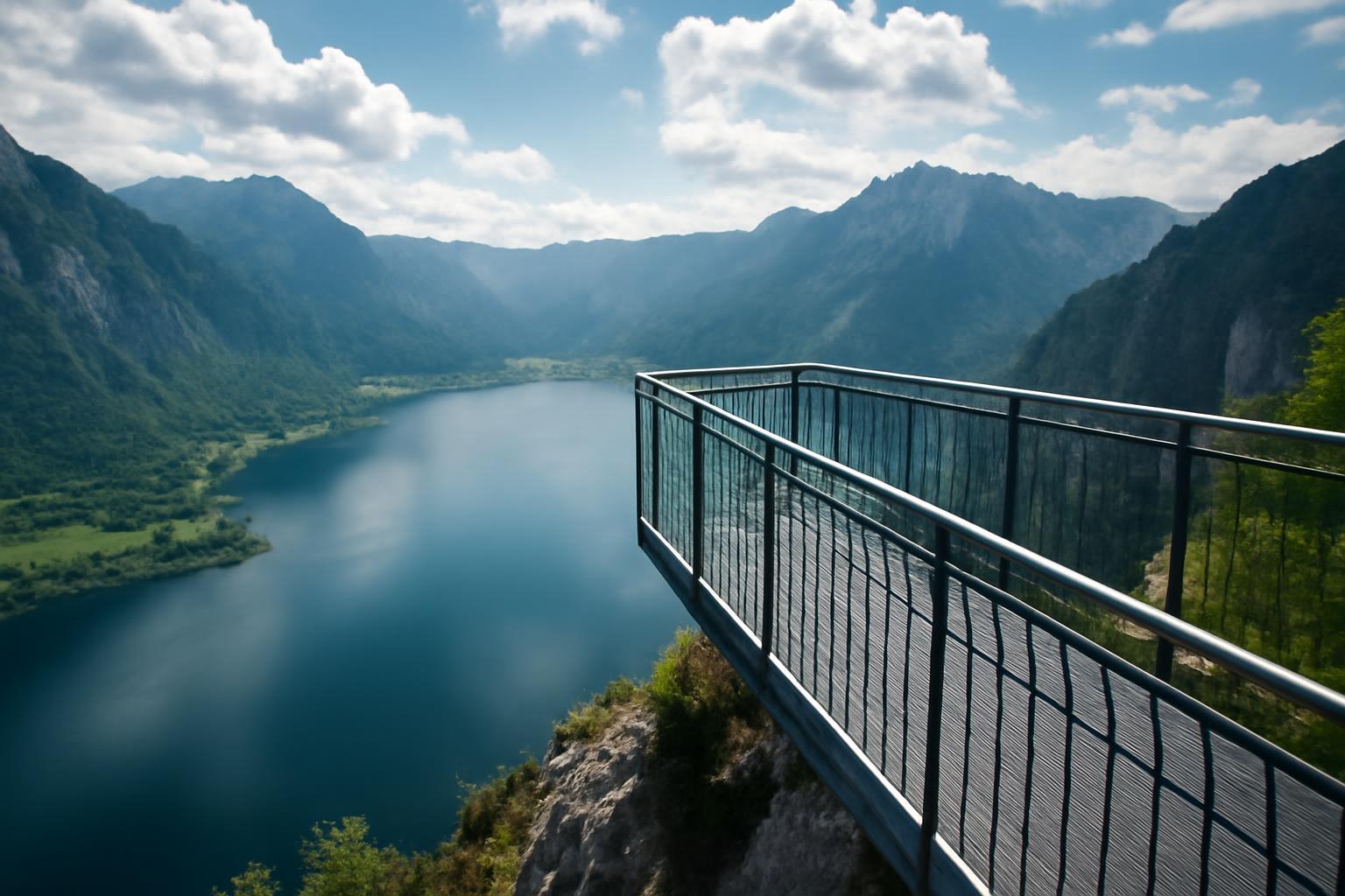 Kilátó a hegyek felett, lenyűgöző panorámával a vízre és a tájra.