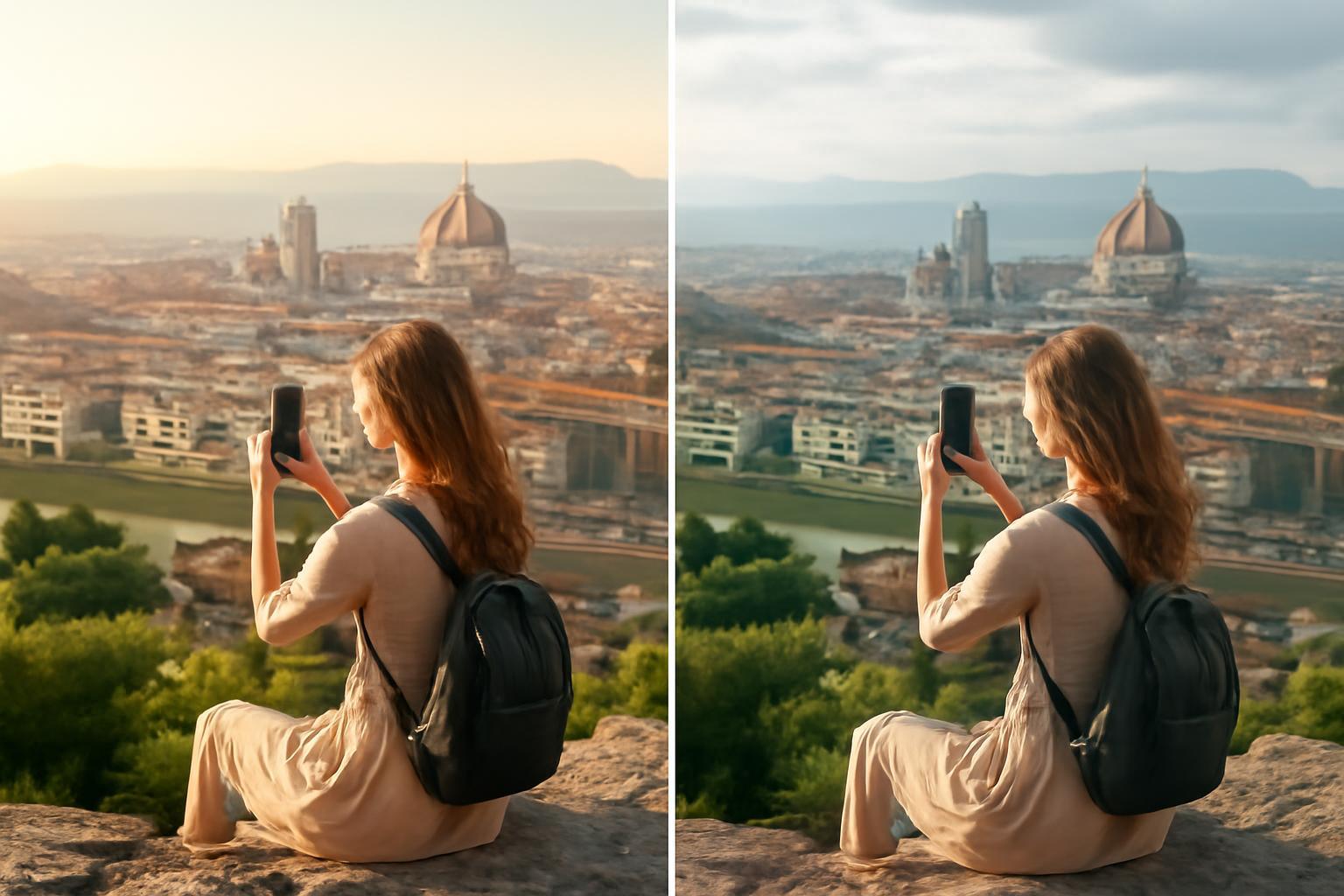 Egy nő a város panorámáját fotózza naplementében, háttérben látható épületekkel.
