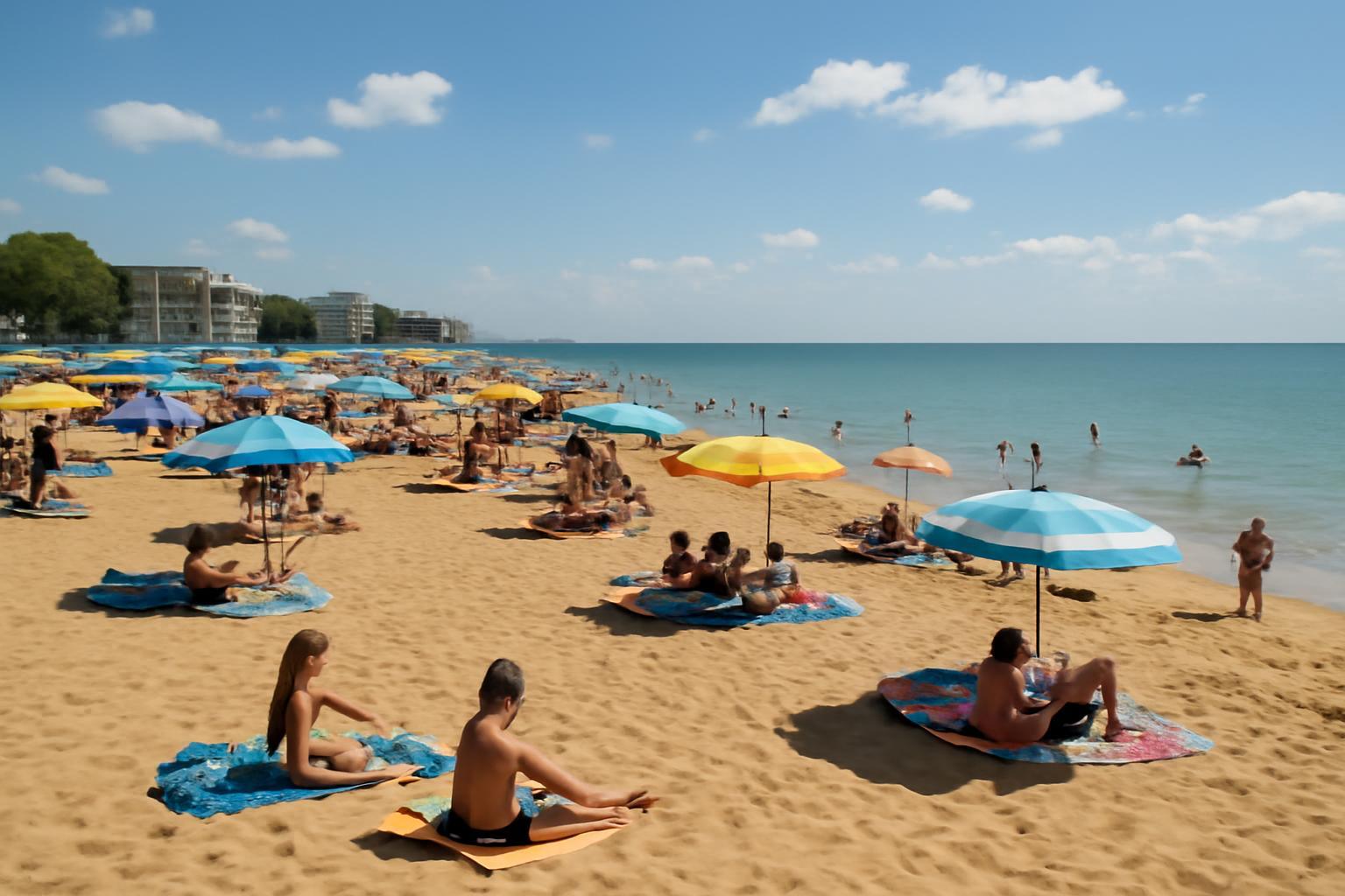 Lignano Sabbiadoró tengerpartja napernyőkkel és pihenő emberekkel.