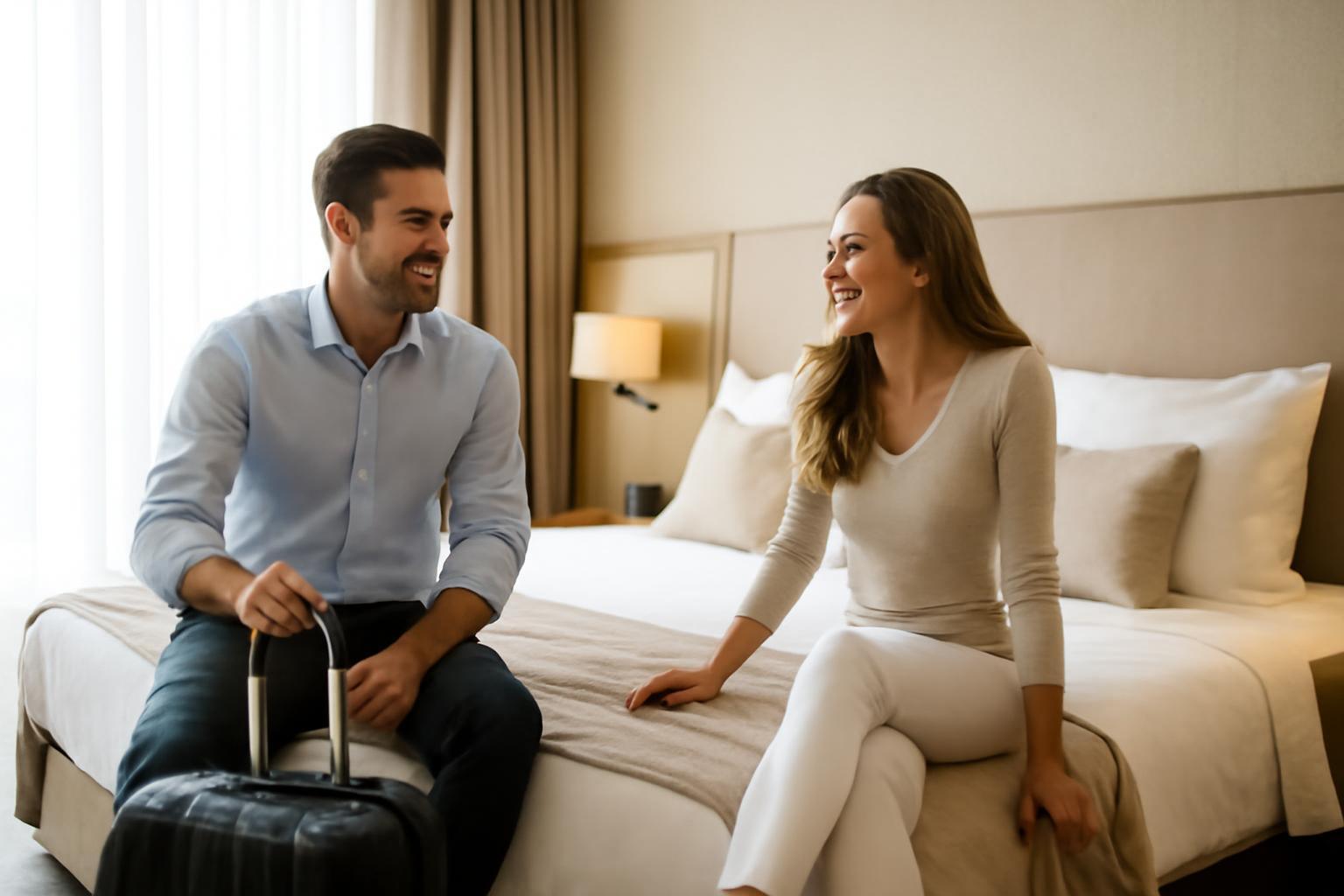 Egy fiatal pár boldogan beszélget egy luxushotel szobájában, bőrönddel.