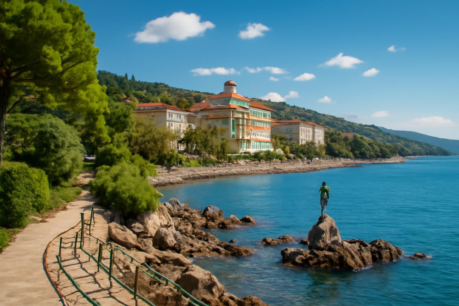 Opatija tengerpartja, zöld fák és elegáns villák a háttérben.