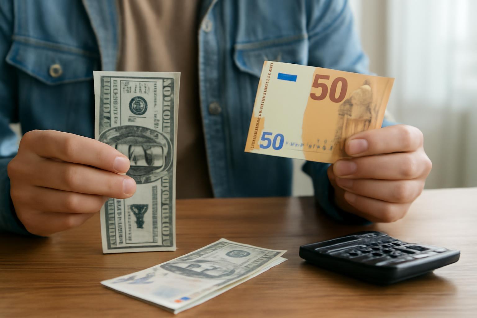 Egy ember amerikai dollárt és eurót tart a kezében, pénzváltás előtt.