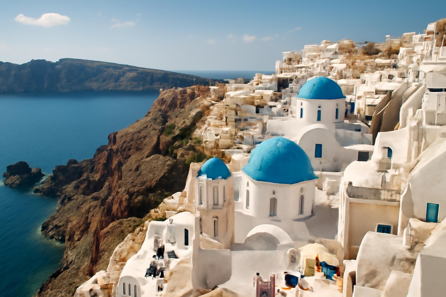Santorini fehér házai és kék kupolái a tengerparti sziklákról nézve.