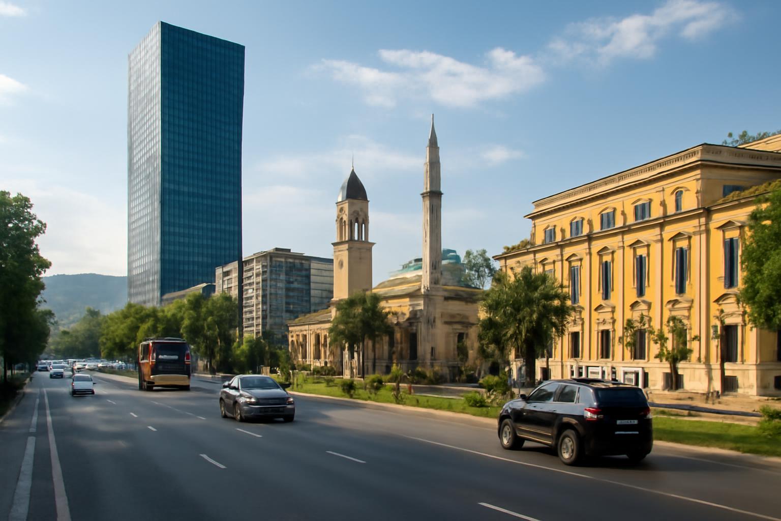 Tirana modern felhőkarcolója és történelmi épületei az úton.