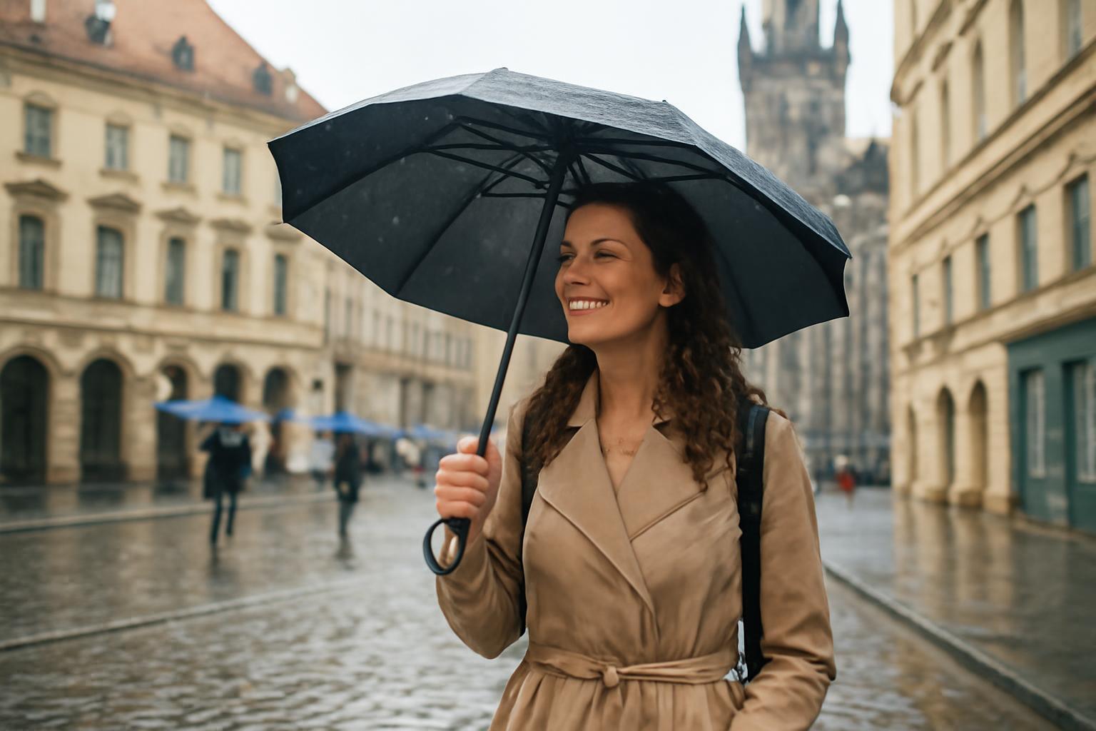 Egy nő esernyő alatt mosolyogva sétál egy esős város utcáján.