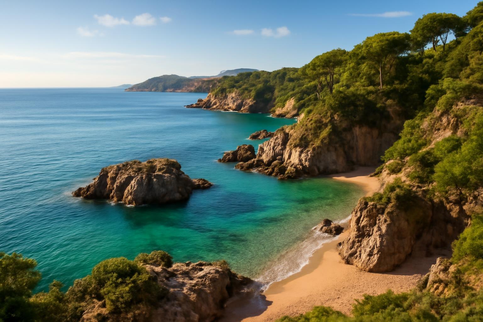 Costa Brava festői tengerpartja, kristálytiszta víz és zöldellő dombok.