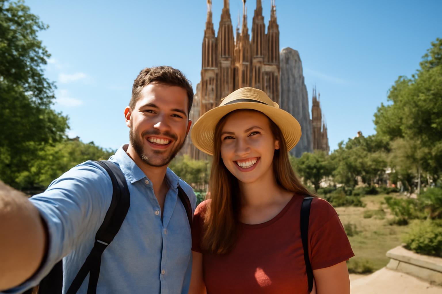 Két fiatal mosolyogva pózol a Sagrada Família előtt Barcelonában.