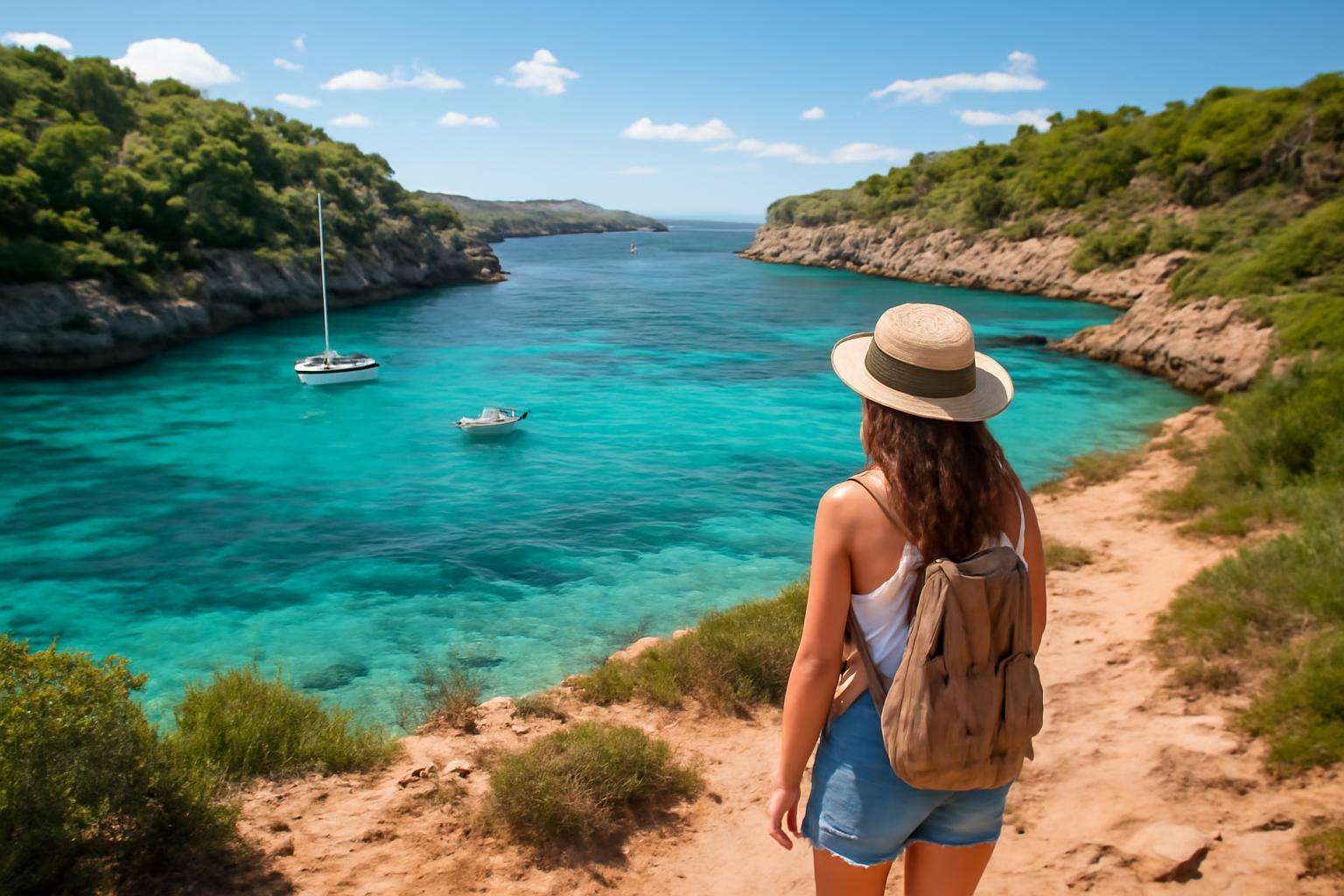 Egy nő a Mallorcai öböl partján áll, gyönyörű türkiz víz és hajók láthatók.