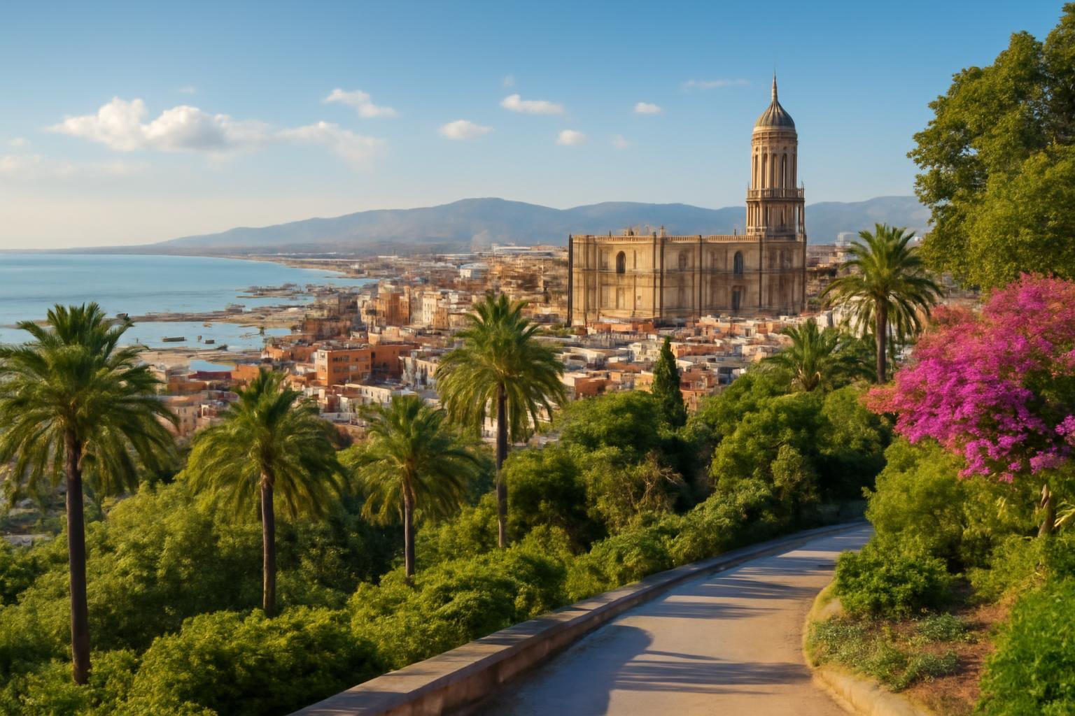 Malaga városának panorámája, a tengerpart és a katedrális látható a háttérben.
